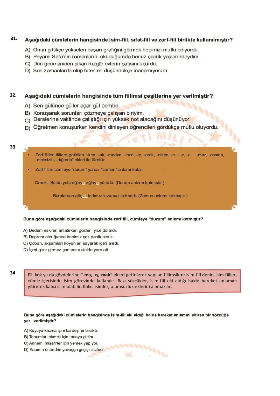 # TEOG, BURSLULUK, KAZANIM TESTLERİ
## ÇIKMIŞ SORULARI
1. Kitapta, beş duyumuzla tanıyıp
1
hoşlandığımız şeylerden, verimli çalışmanın
2
do