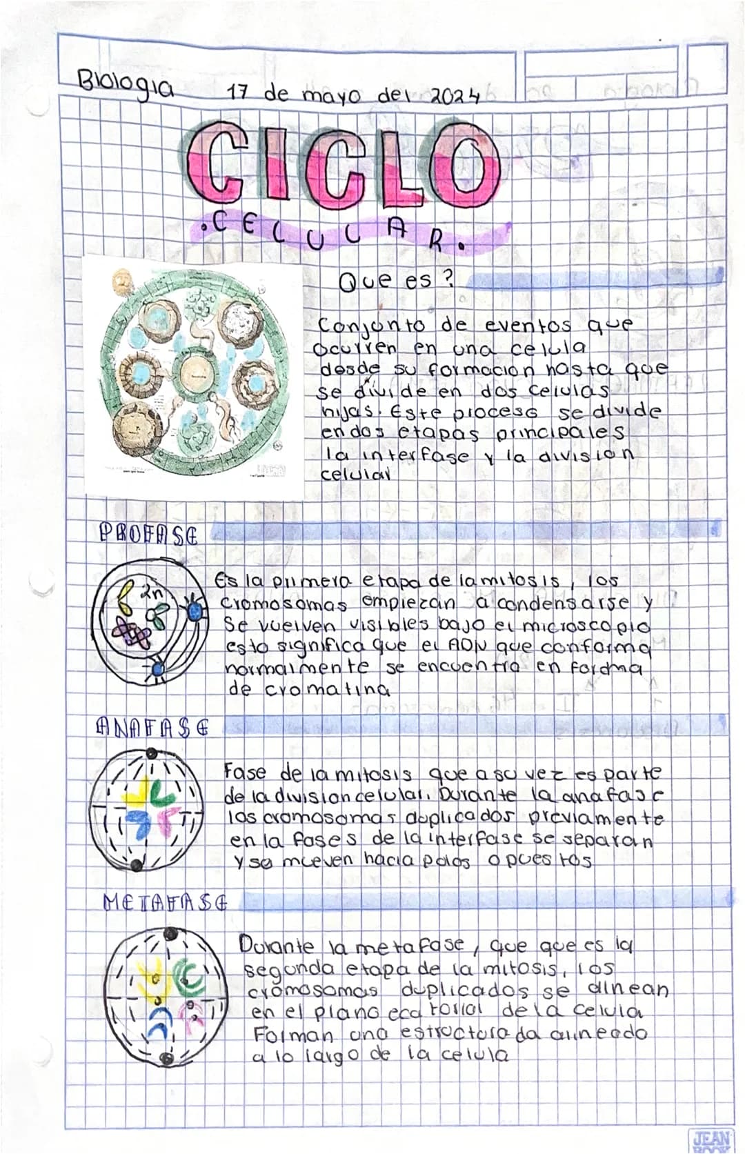 Biologia
17 de mayo del 2024
# CICLO
## CELULAR.
Que es?
Conjunto de eventos que
Ocurren en una celula
desde su formacion hasta que
se divi