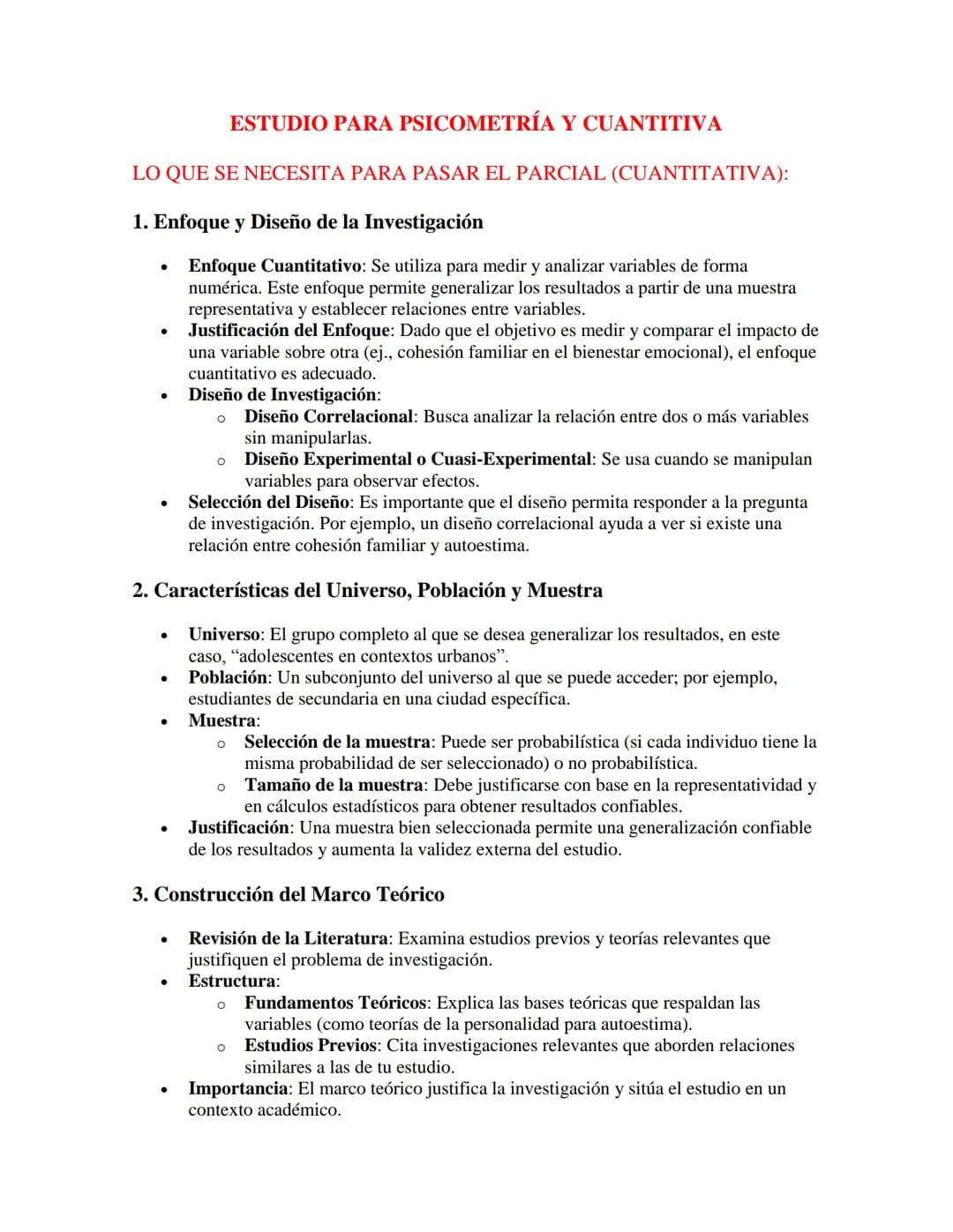 # ESTUDIO PARA PSICOMETRÍA Y CUANTITIVA
LO QUE SE NECESITA PARA PASAR EL PARCIAL (CUANTITATIVA):
1. Enfoque y Diseño de la Investigación