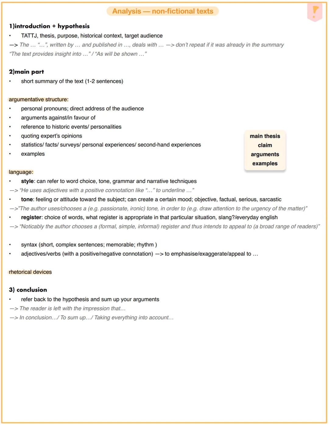 Analysis - non-fictional texts
1)introduction + hypothesis
- TATTJ, thesis, purpose, historical context, target audience
-> The ... ..", wr