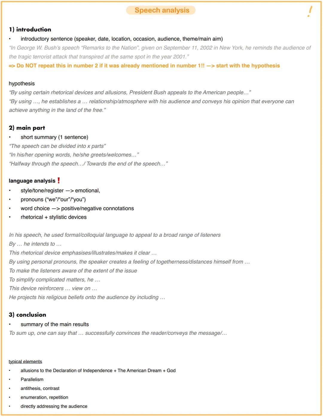 Analysis - non-fictional texts
1)introduction + hypothesis
- TATTJ, thesis, purpose, historical context, target audience
-> The ... ..", wr