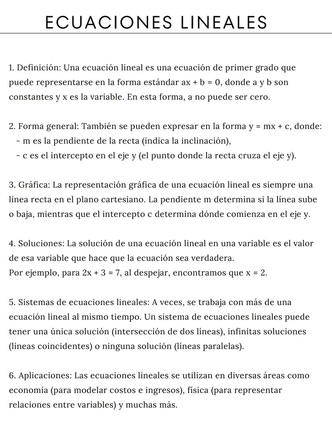 # ECUACIONES LINEALES
1. Definición: Una ecuación lineal es una ecuación de primer grado que
puede representarse en la forma estándar ax +