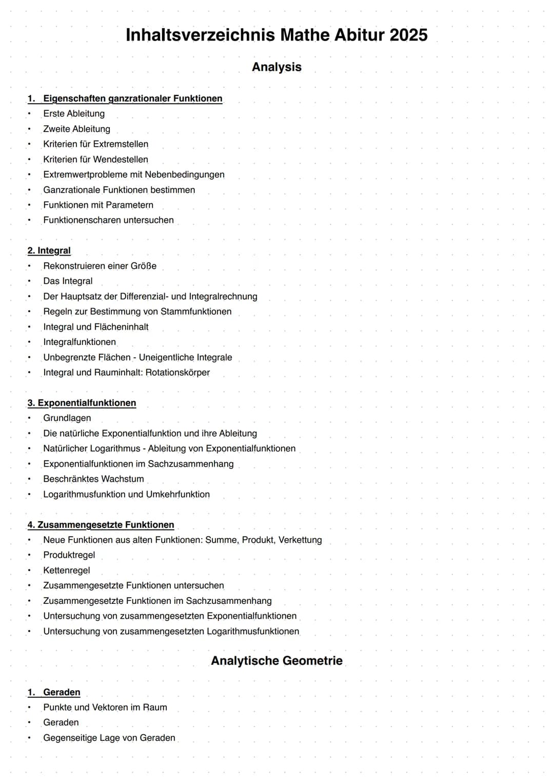 # Inhaltsverzeichnis Mathe Abitur 2025
Analysis
1. Eigenschaften ganzrationaler Funktionen
- Erste Ableitung
- Zweite Ableitung
- Kriteri
