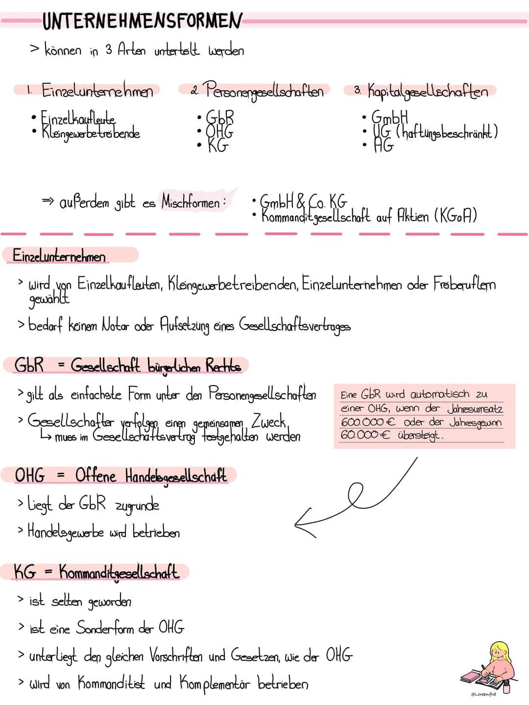 Unternehmensformen
@Loreenfrd # UNTERNEHMENSFORMEN
> können in 3 Arten unterteilt werden
1. Einzelunternehmen
* Einzelkaufleute
* Kl