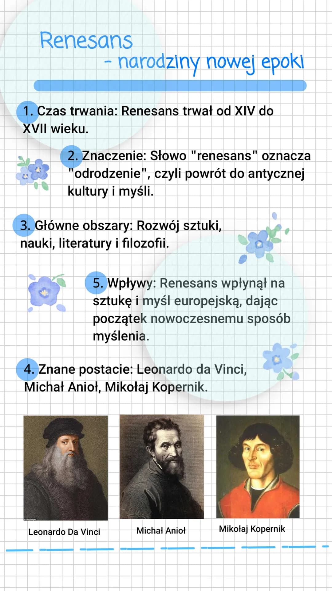 Renesans
- narodziny nowej epoki
1. Czas trwania: Renesans trwał od XIV do
XVII wieku.
2. Znaczenie: Słowo "renesans" oznacza
"odrodzenie"
