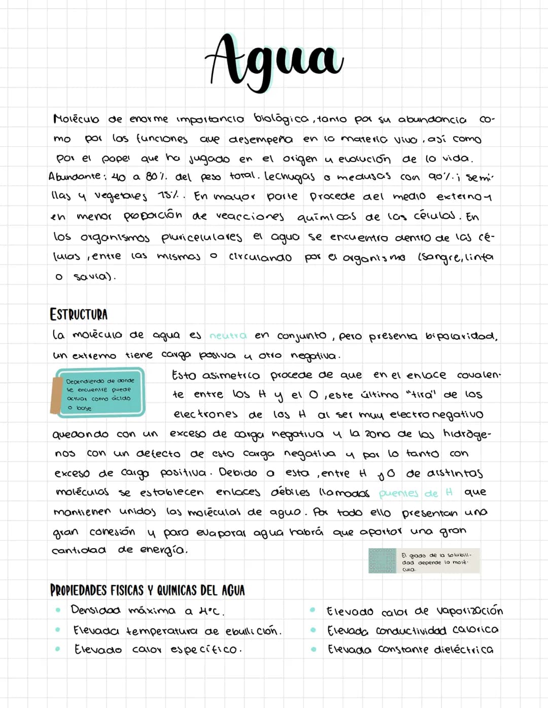 # Agua
Mo
Molécub de enorme importancia biològica, tanto por su abundancia co-
mo por las funciones que desempeña en la materia vivo, así c