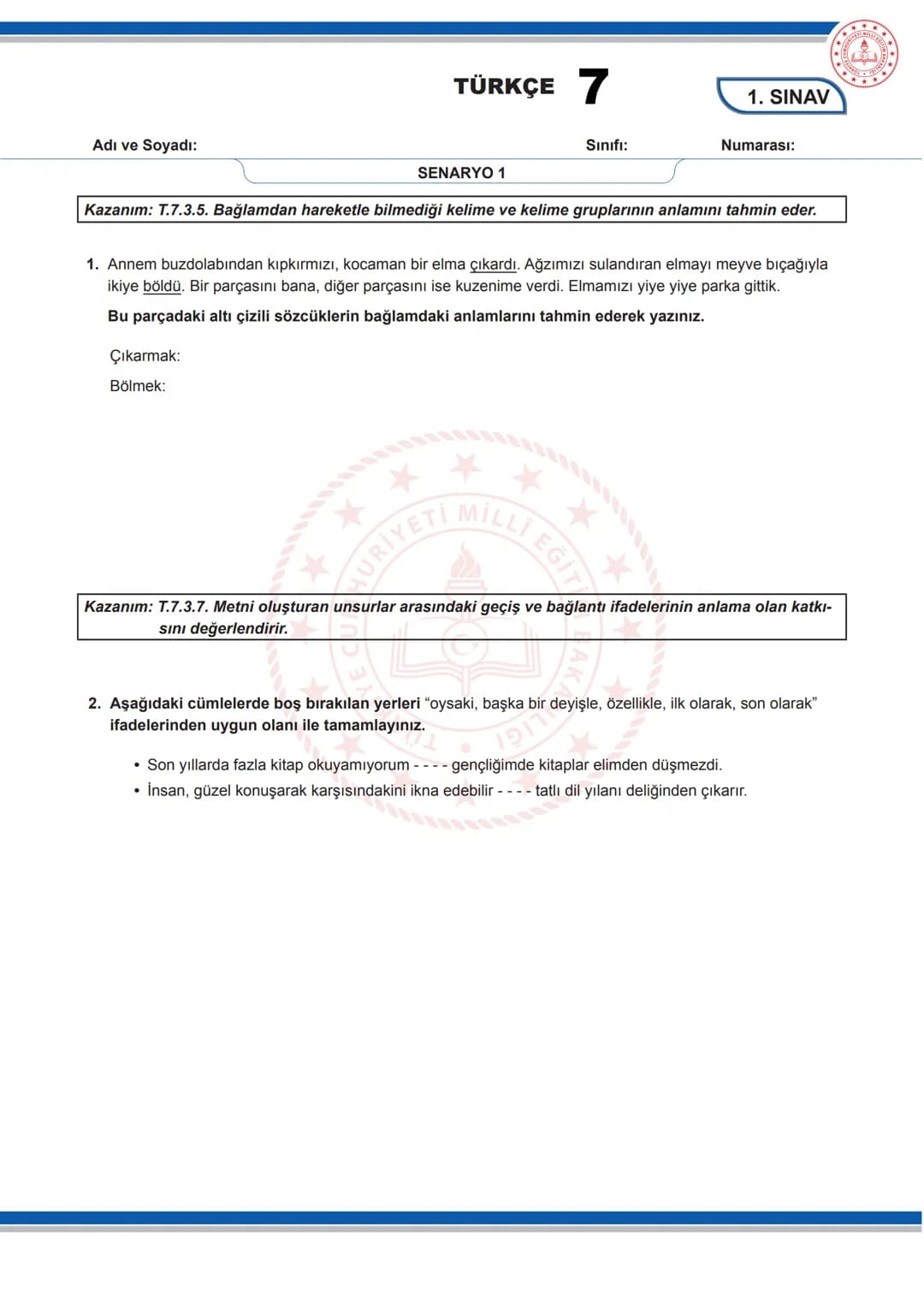 TÜRKÇE 7
KONU SORU DAĞILIM TABLOLARI
Konu soru dağılım tablosu, öğretim programında yer alan konu ve kazanımlarla ortak sınavlardaki soru