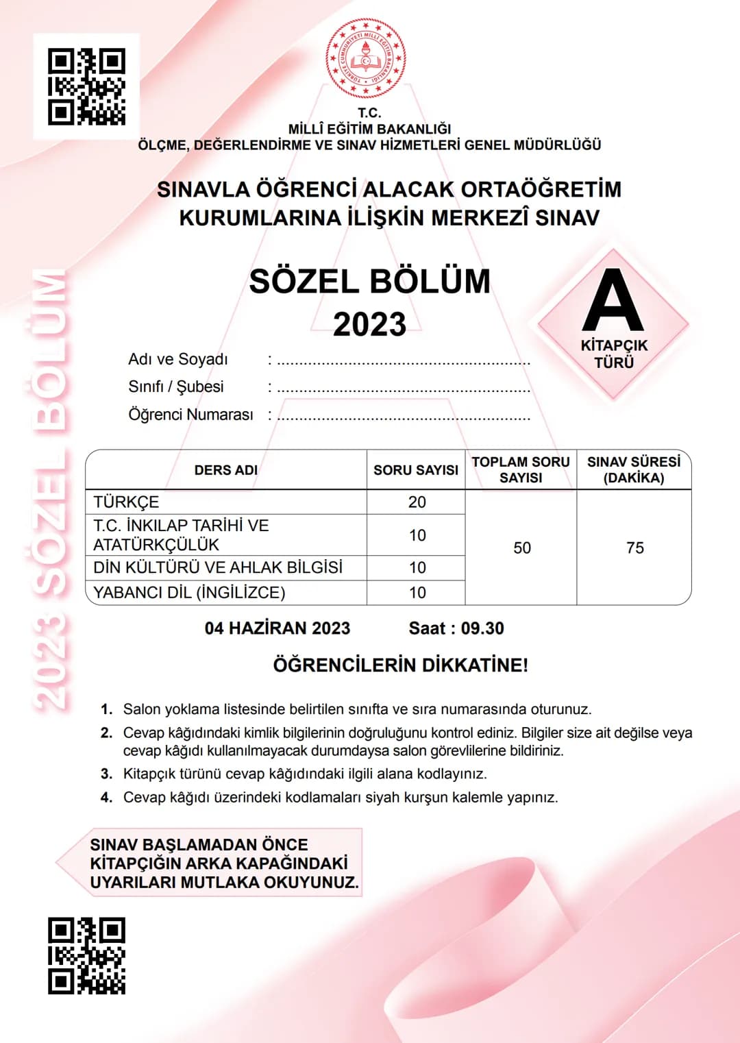 # 2023 SÖZEL BÖLÜM
*
T.C.
MİLLÎ EĞİTİM BAKANLIĞI
ÖLÇME, DEĞERLENDİRME VE SINAV HİZMETLERİ GENEL MÜDÜRLÜĞÜ
# SINAVLA ÖĞRENCİ ALACAK ORTAÖĞR