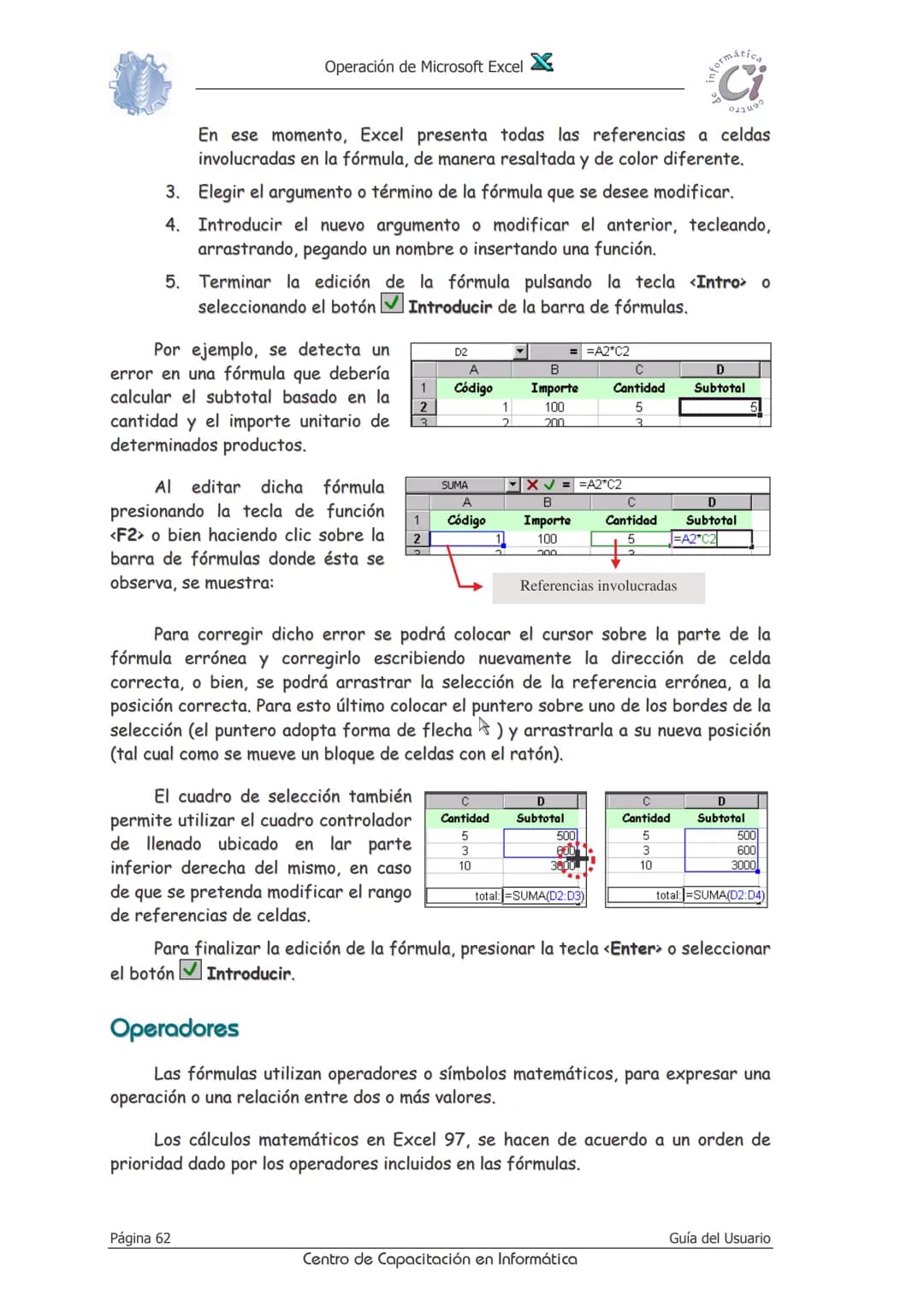 Operación de Microsoft Excel
Fórmulas y funciones
Las fórmulas constituyen el núcleo de cualquier hoja de cálculo, y por tanto
de Excel. M