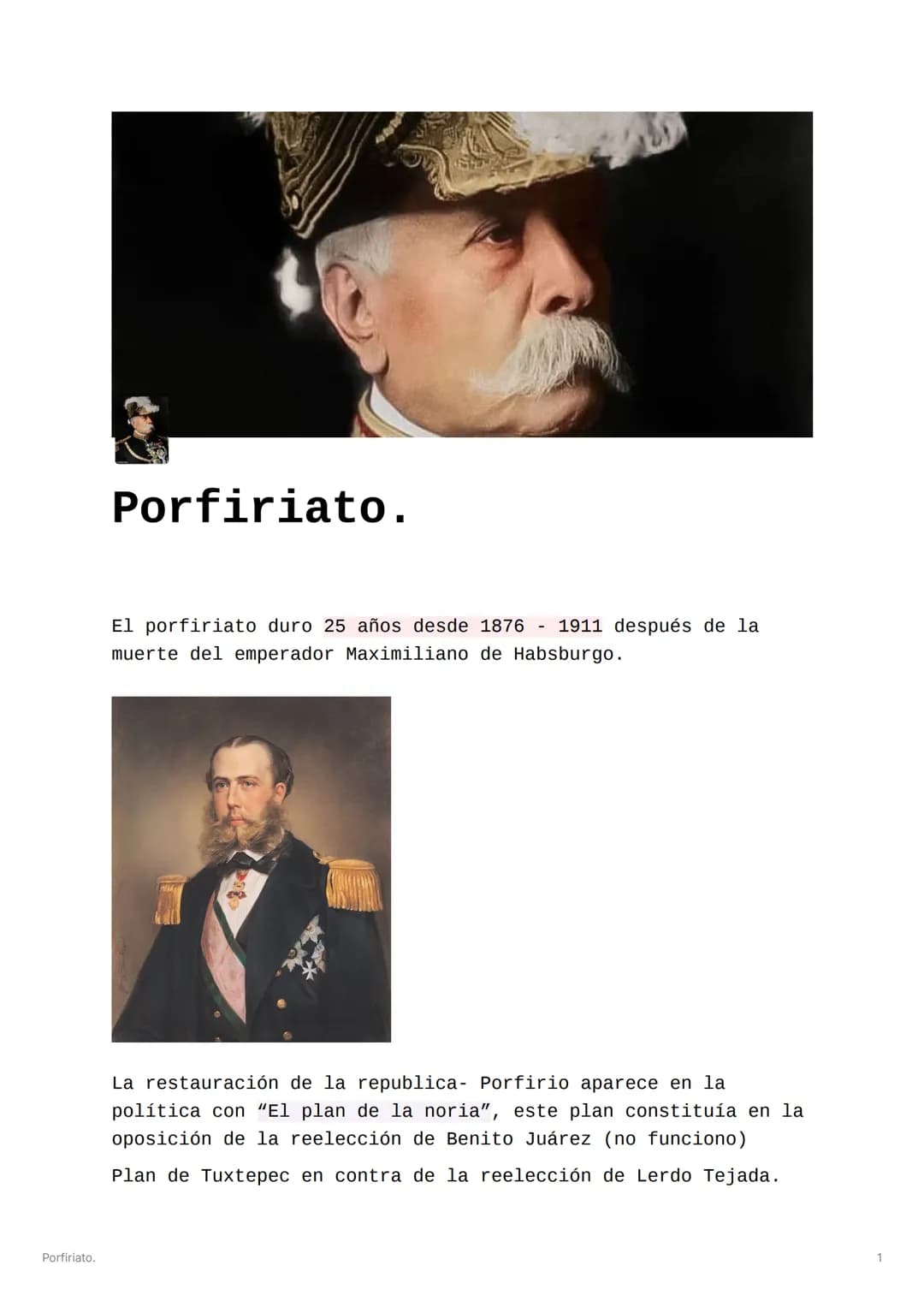Porfiriato.
Porfiriato.
1911 después de la
El porfiriato duro 25 años desde 1876
muerte del emperador Maximiliano de Habsburgo.
La restaur
