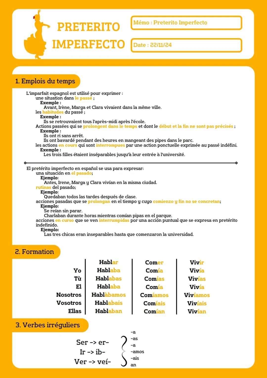 # PRETERITO
# IMPERFECСТО
Mémo: Preterito Imperfecto
Date: 22/11/24
1. Emplois du temps
L'imparfait espagnol est utilisé pour exprimer: