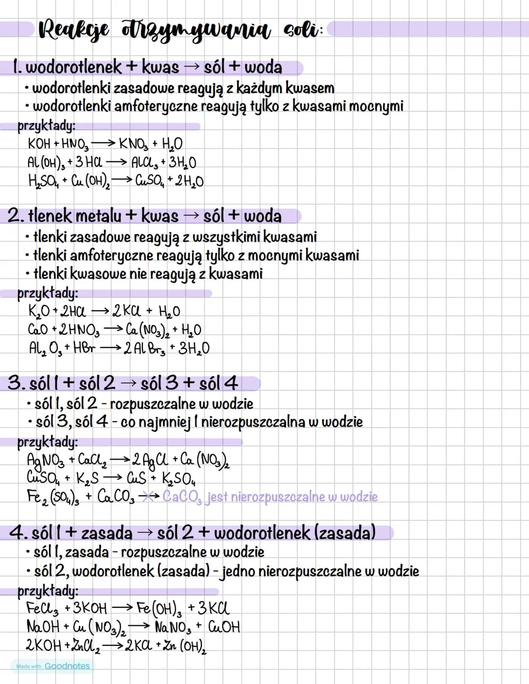 # Reakcje otrzymywania soli:
1. wodorotlenek + kwas→ sól + woda
* wodorotlenki zasadowe reagują z każdym kwasem
* wodorotlenki amfoter