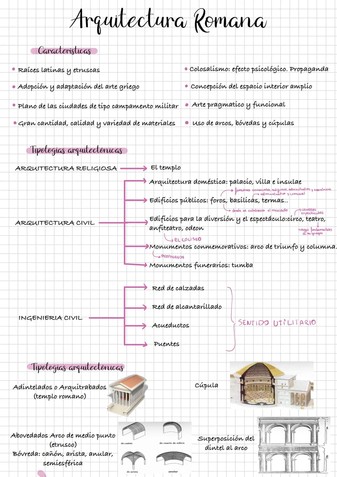 # Arquitectura Romana
Caracteristicas
• Raíces latinas y etruscas
• Adopción y adaptación del arte griego
• Plano de las ciudades de ti