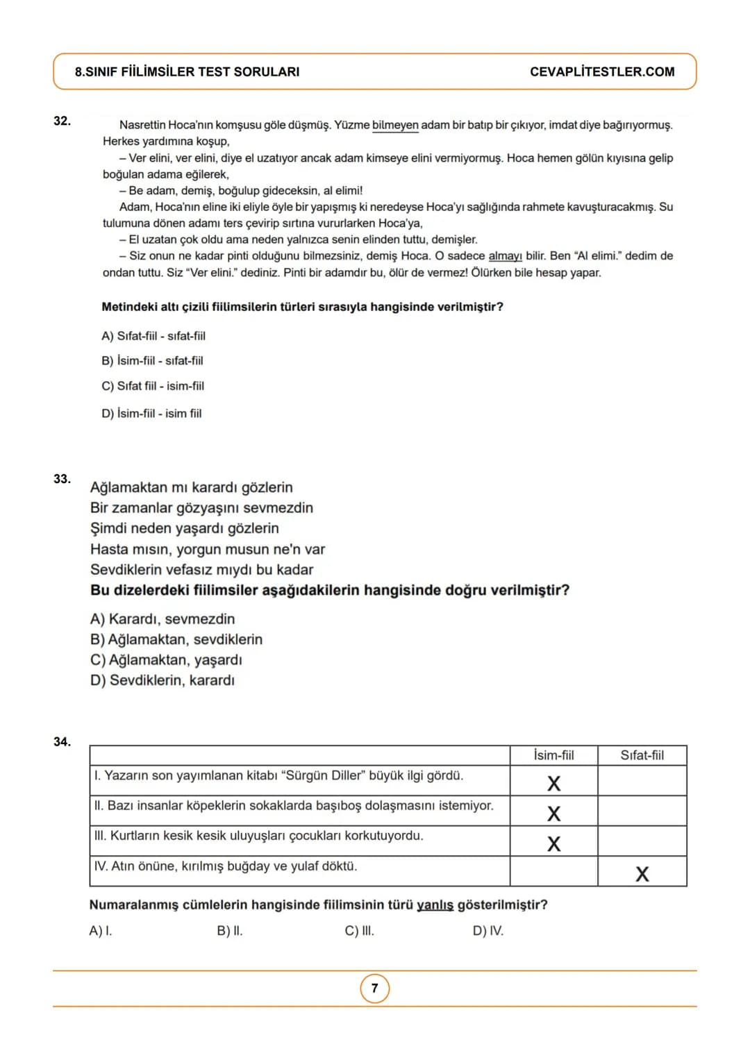 8.Sınıf Türkçe Testleri
8.SINIF FİİLİMSİLER TEST SORULARI
1. Fiilimsi eki alan bazı sözcükler kalıcı ad olarak kullanıldığı
için fiilimsi