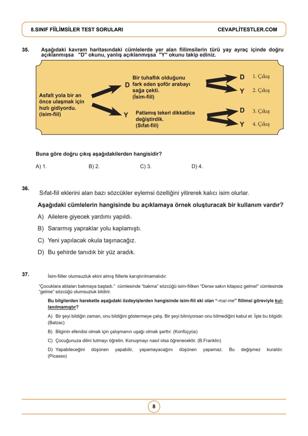 8.Sınıf Türkçe Testleri
8.SINIF FİİLİMSİLER TEST SORULARI
1. Fiilimsi eki alan bazı sözcükler kalıcı ad olarak kullanıldığı
için fiilimsi