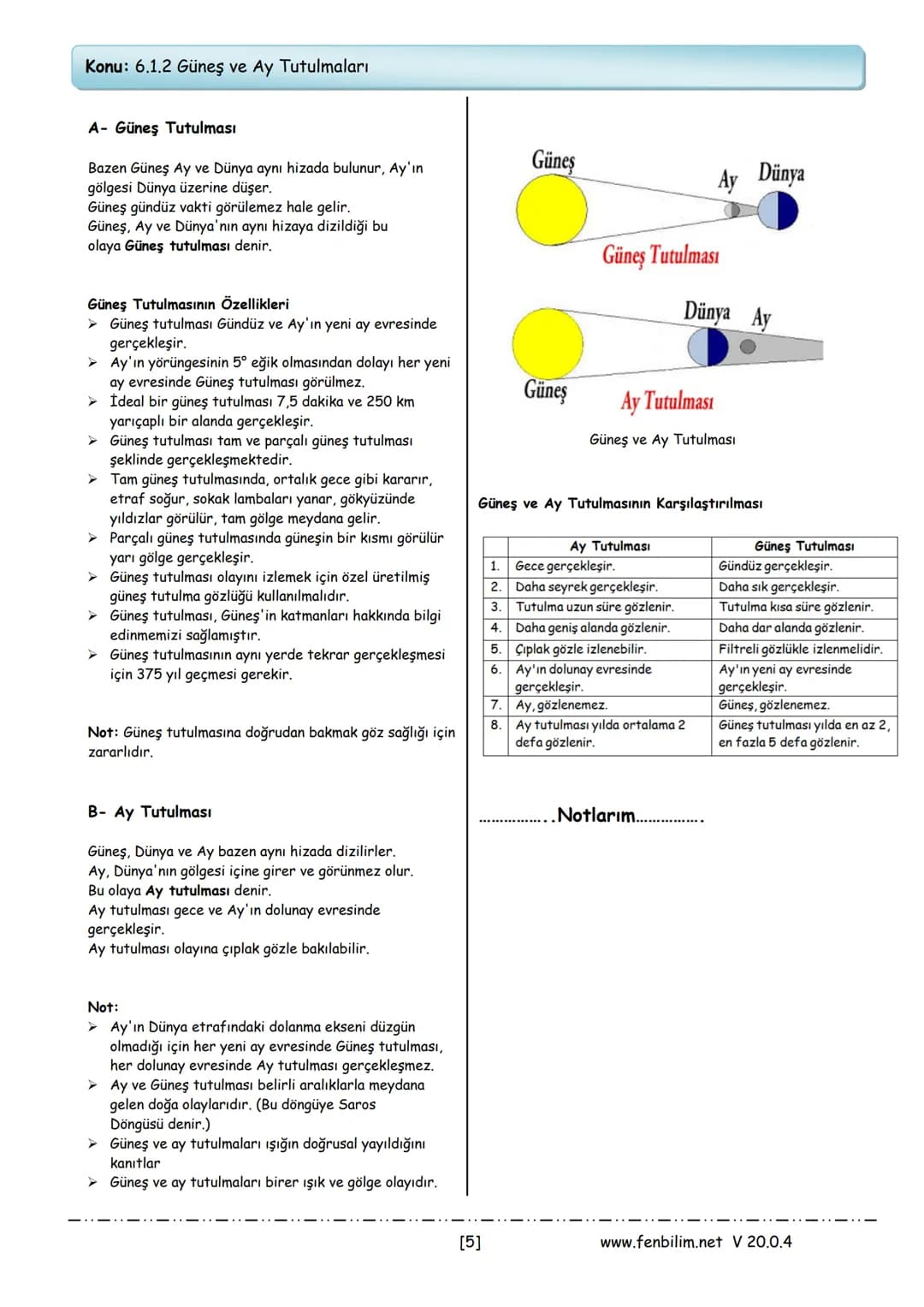 # 6.Sınıf Fen Bilimleri
## Ders Notları
Barış ZEREN
Fen Bilimleri Öğretmeni # 1.Ünite: Güneş Sistemi ve Tutulmalar
Konu: 6.1.1 Güneş Sist