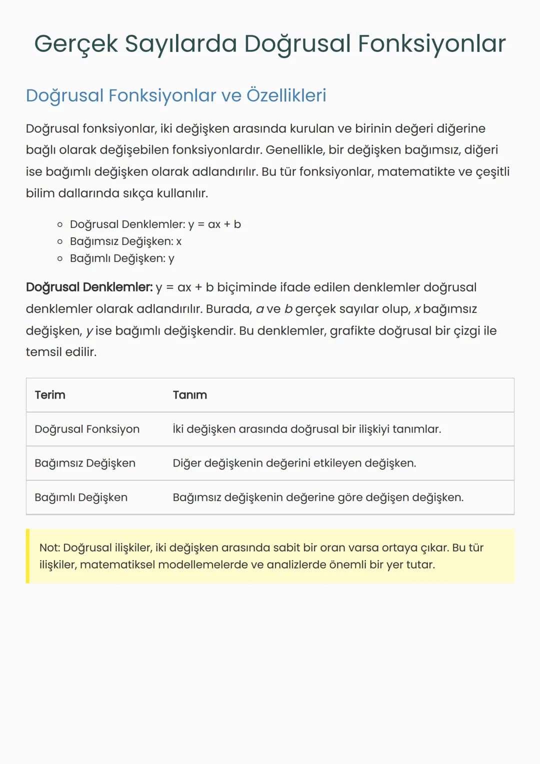 # Gerçek Sayılarda Doğrusal Fonksiyonlar
## Doğrusal Fonksiyonlar ve Özellikleri
Doğrusal fonksiyonlar, iki değişken arasında kurulan ve b