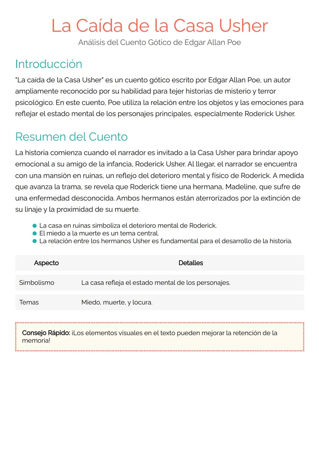 # La Caída de la Casa Usher
Análisis del Cuento Gótico de Edgar Allan Poe
## Introducción
"La caída de la Casa Usher" es un cuento gótico e
