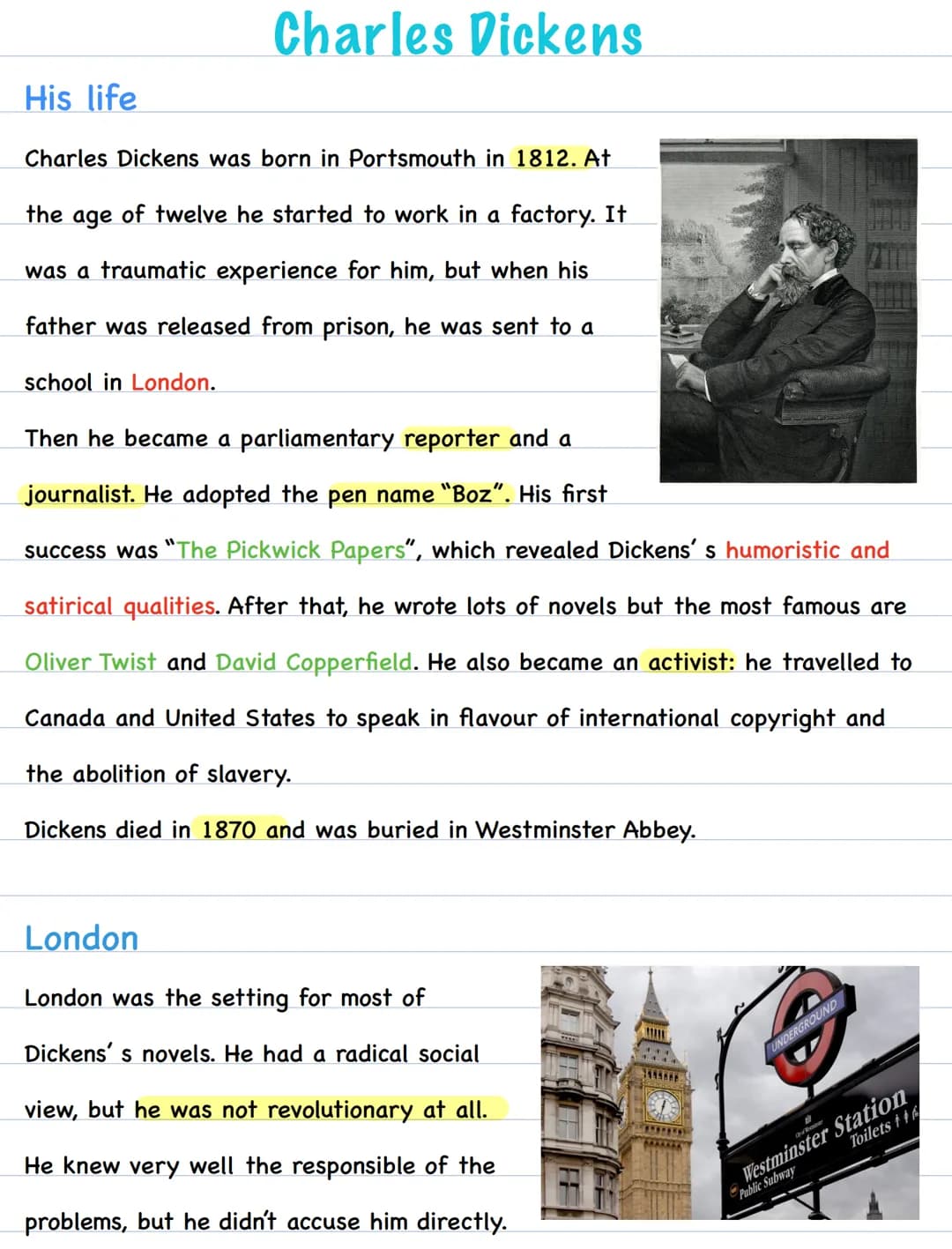 # Charles Dickens
## His life
Charles Dickens was born in Portsmouth in 1812. At
the age of twelve he started to work in a factory. It
was