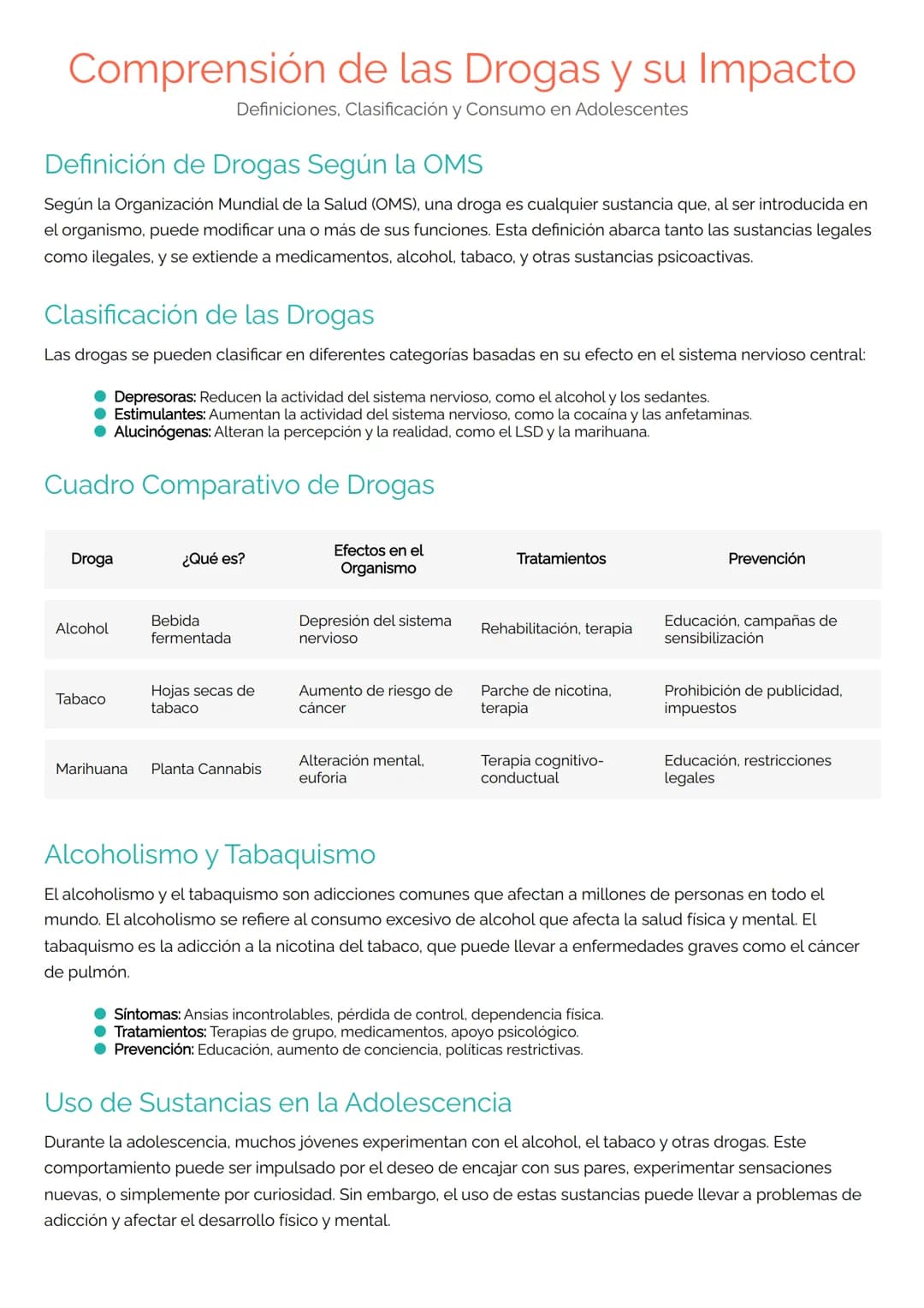 # Comprensión de las Drogas y su Impacto
Definiciones. Clasificación y Consumo en Adolescentes
## Definición de Drogas Según la OMS
Según