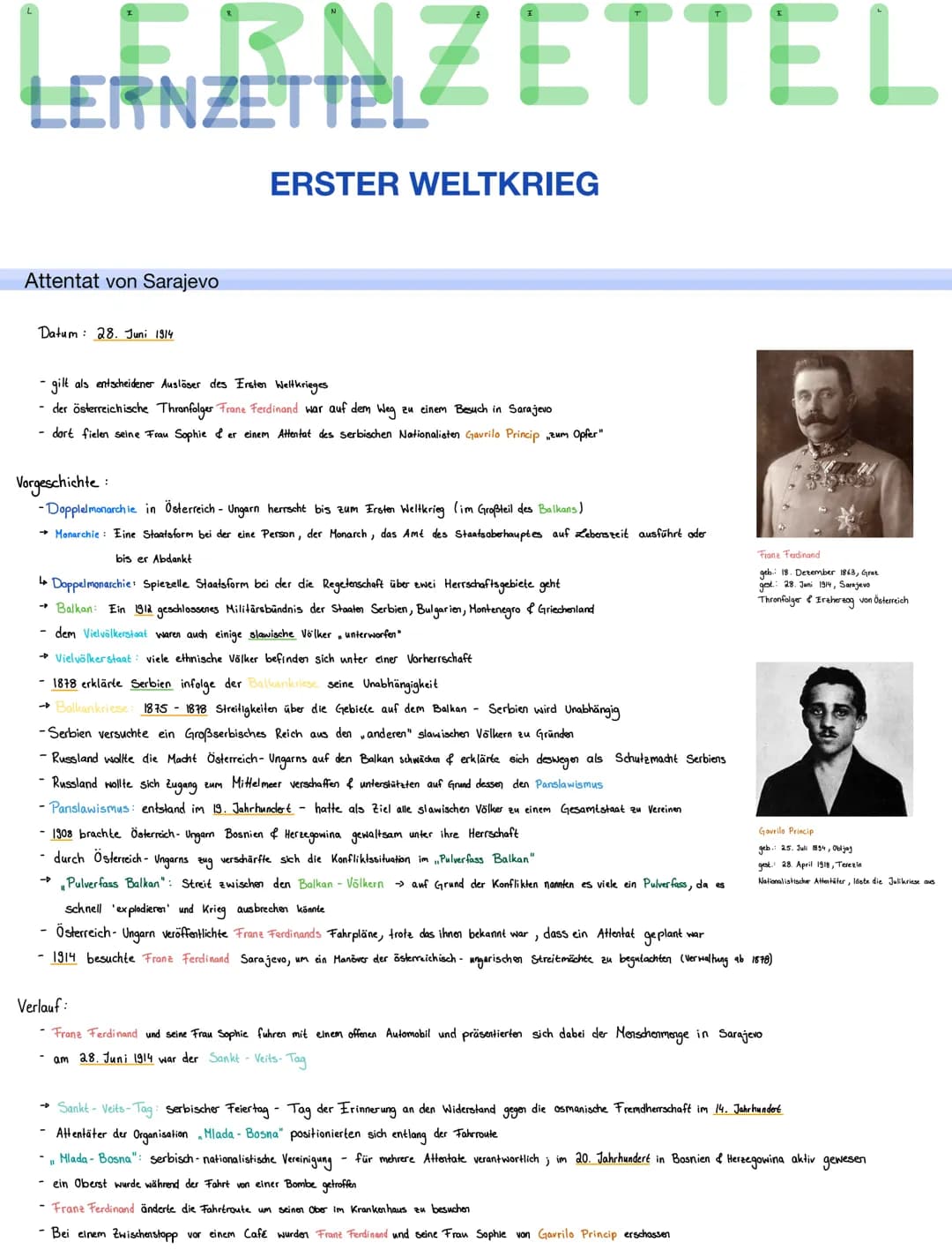 # LERNZETTEL
# ERSTER WELTKRIEG
## Attentat von Sarajevo
Datum: 28. Juni 1914
- gilt als entscheidener Auslöser des Enster Weltkrieges