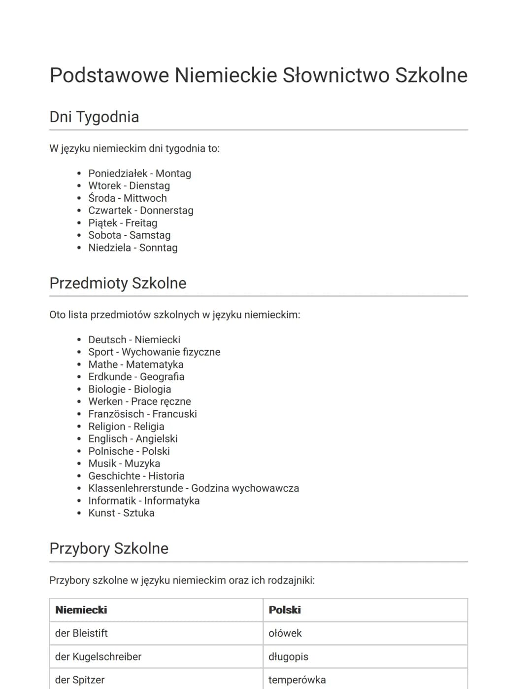 # Podstawowe Niemieckie Słownictwo Szkolne
## Dni Tygodnia
W języku niemieckim dni tygodnia to:
- Poniedziałek - Montag
- Wtorek - Dienst