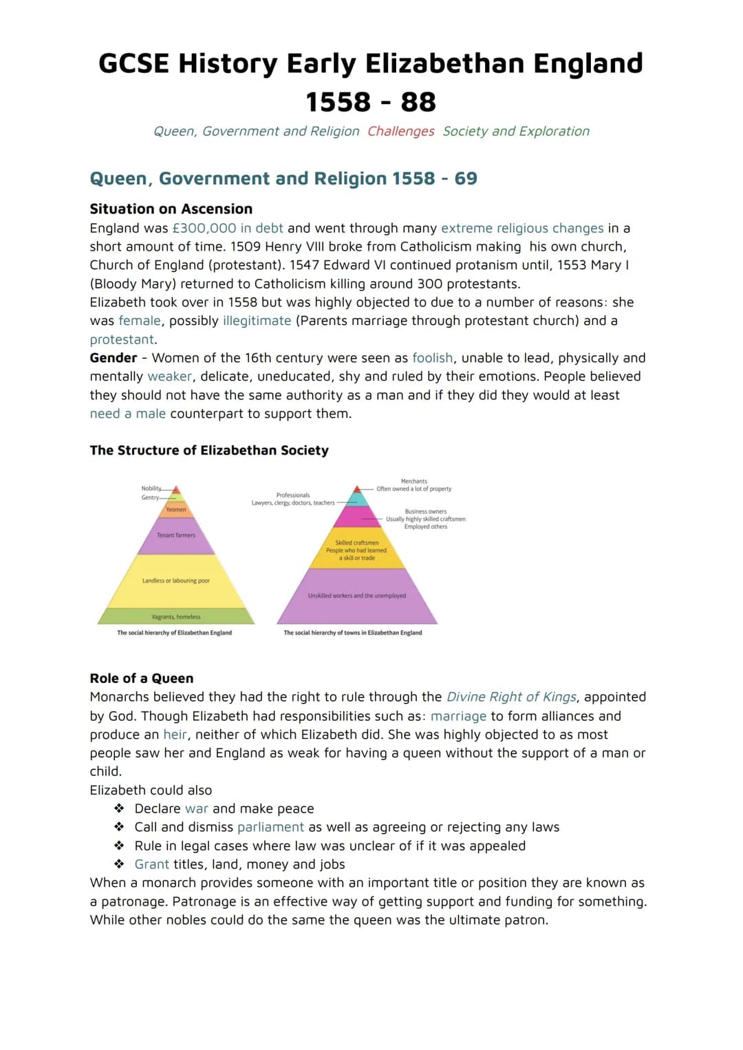 # GCSE History Early Elizabethan England
## 1558-88
Queen, Government and Religion Challenges Society and Exploration
## Queen, Government