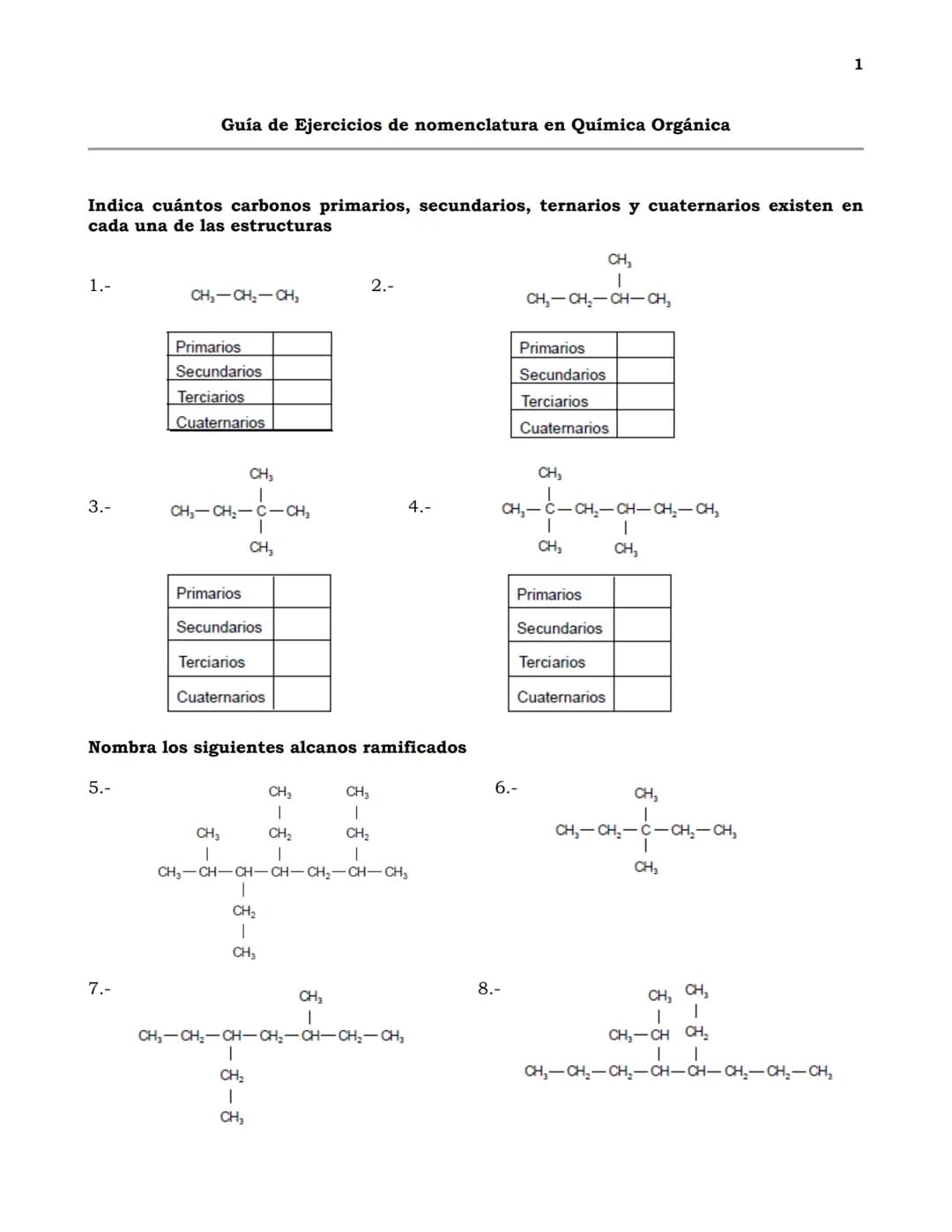 Guía de Ejercicios de nomenclatura en Química Orgánica
1
Indica cuántos carbonos primarios, secundarios, ternarios y cuaternarios existen