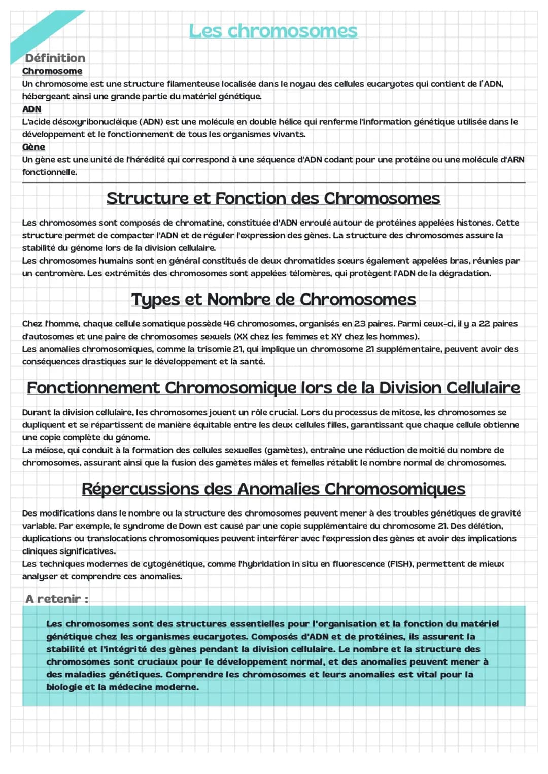 # Les chromosomes
## Définition
Chromosome
Un chromosome est une structure filamenteuse localisée dans le noyau des cellules eucaryotes q