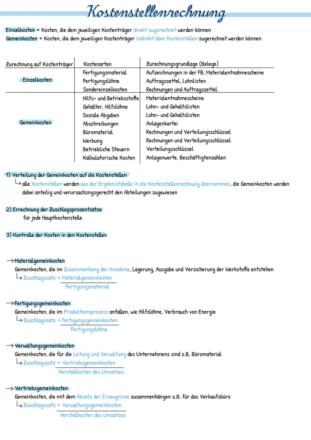 # Kostenstellenrechnung
Einzelkosten = Kosten, die dem jeweiligen Kostenträger direkt zugerechnet werden können
Gemeinkosten = Kosten, die