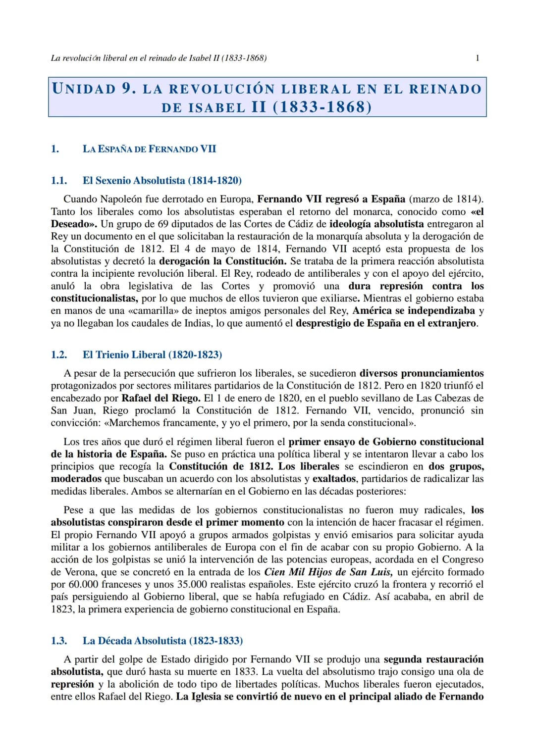 La revolución liberal en el reinado de Isabel II (1833-1868)
1
UNIDAD 9. LA REVOLUCIÓN LIBERAL EN EL REINADO
DE ISABEL II (1833-1868)
1. L