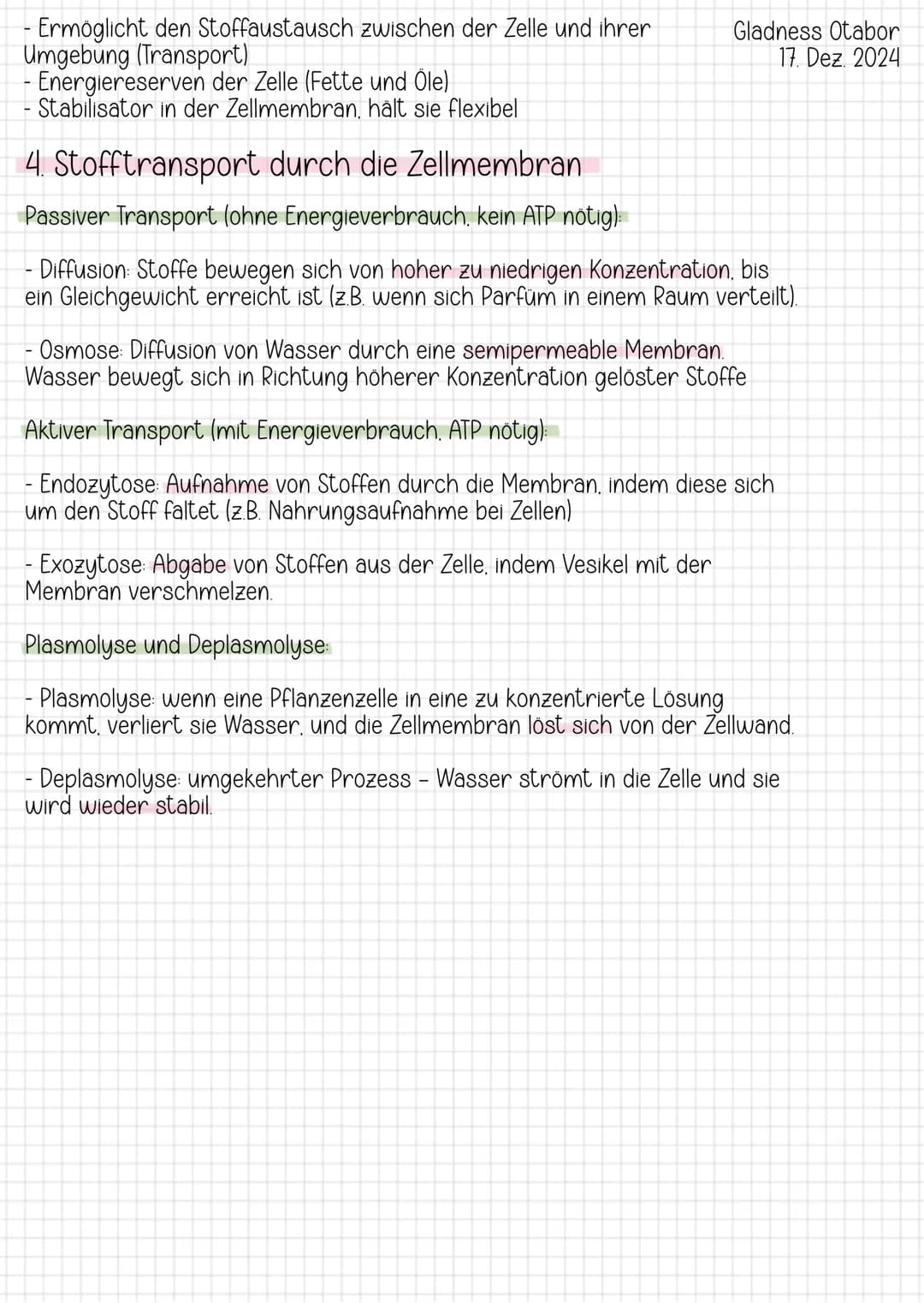 # Lernzettel Biologie-Klausur
1. Aufbau der Tier- und Pflanzenzelle
Tierzelle:
- keine Zellwand
- Zellmembran als außere Begrenzung (regu