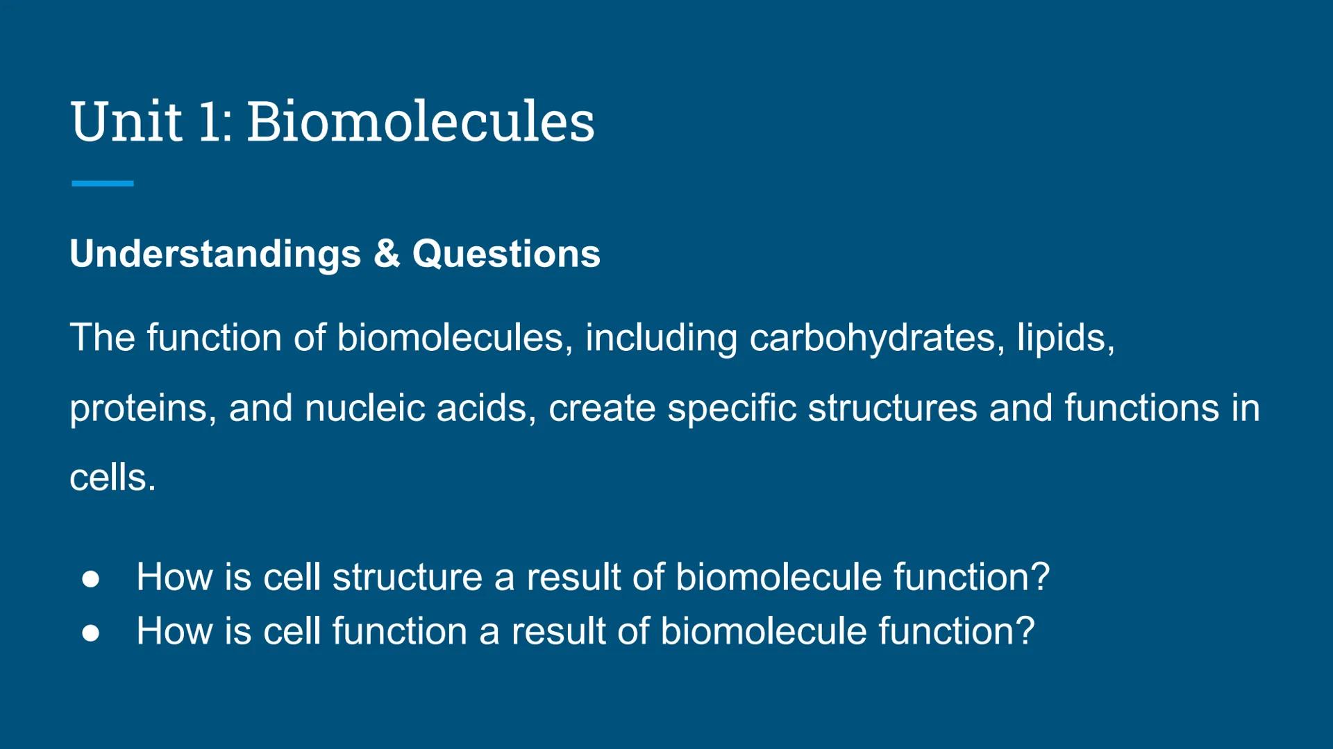 # Benchmark Review
Benchmark 12/18/24 Unit 1: Biomolecules
Understandings & Questions
The function of biomolecules, including carbohydrate
