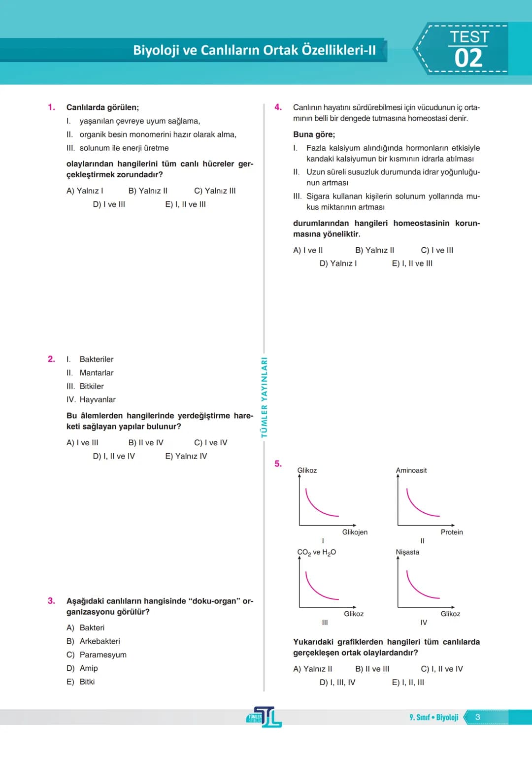 # Biyoloji ve Canlıların Ortak Özellikleri-I
TEST
01
1. Canlıların bulunduğu çevrede yaşama ve üreme şan-
sını artıran özelliklere adaptas