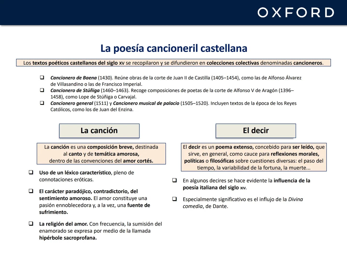 OXFORD
UNIDAD 12. La lírica y la poesía
narrativa en la Edad Media
Lengua castellana y Literatura
1º Bachillerato OXFORD
# La Edad Media