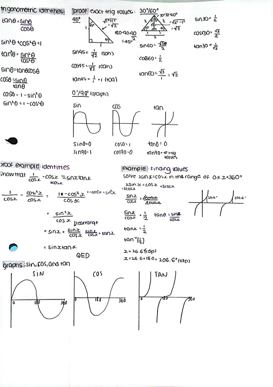 trigonometric identities: proof exact trig values: 30%60°
$tane = \frac{sine}{cose}$
$sin^2\theta + cos^2\theta = 1$
$tane = \frac{sinte}