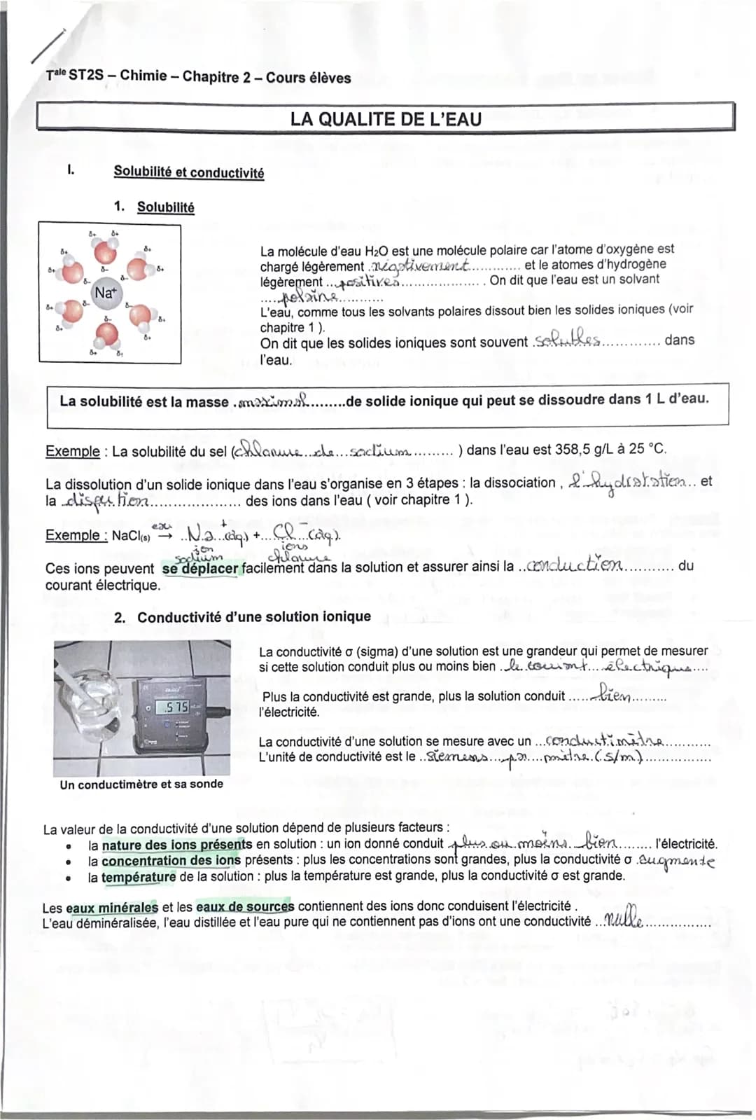# Tale ST2S-Chimie - Chapitre 2 - Cours élèves
LA QUALITE DE L'EAU
1. Solubilité et conductivité
1. Solubilité
Nat
La molécule d'eau H₂