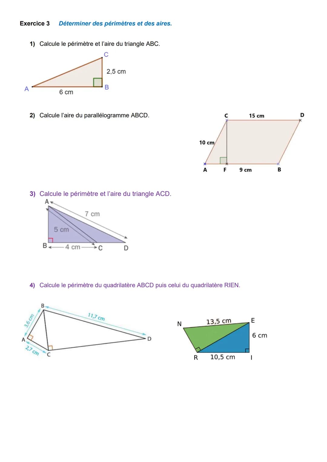 Fiche d'exercices: Théorème de Pythagore.
Exercice 1 Déterminer des racines carrées
1) Calcule mentalement :
√16 =
√81 =
√36 =
√64
√2