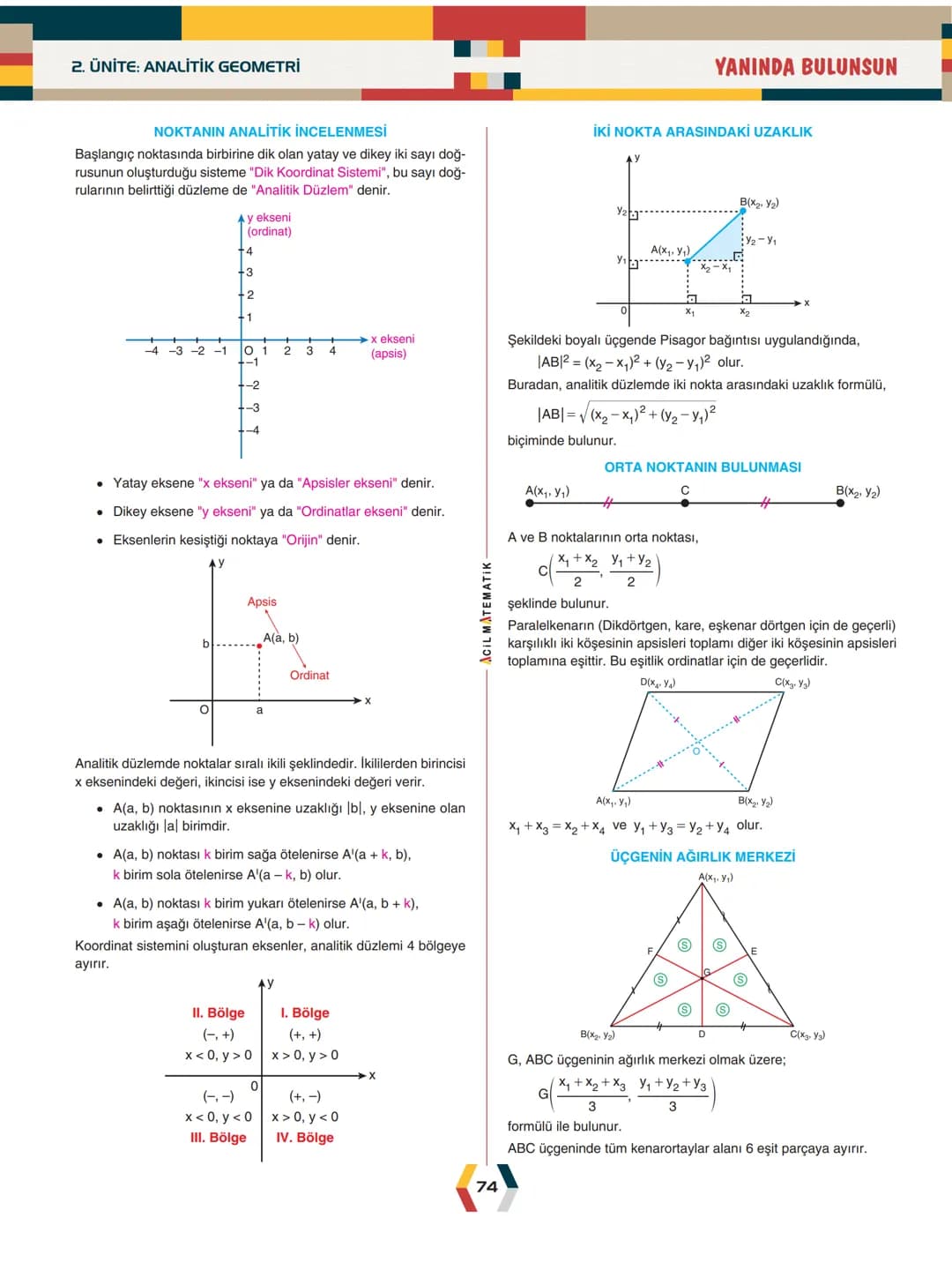 - ÜNİTE 2 -
# ANALİTİK GEOMETRİ
* Analitik Düzlem
* İki Nokta Arasındaki Uzaklık
* Bir Doğru Parçasını içten ve Dıştan Bölme
* Doğ
