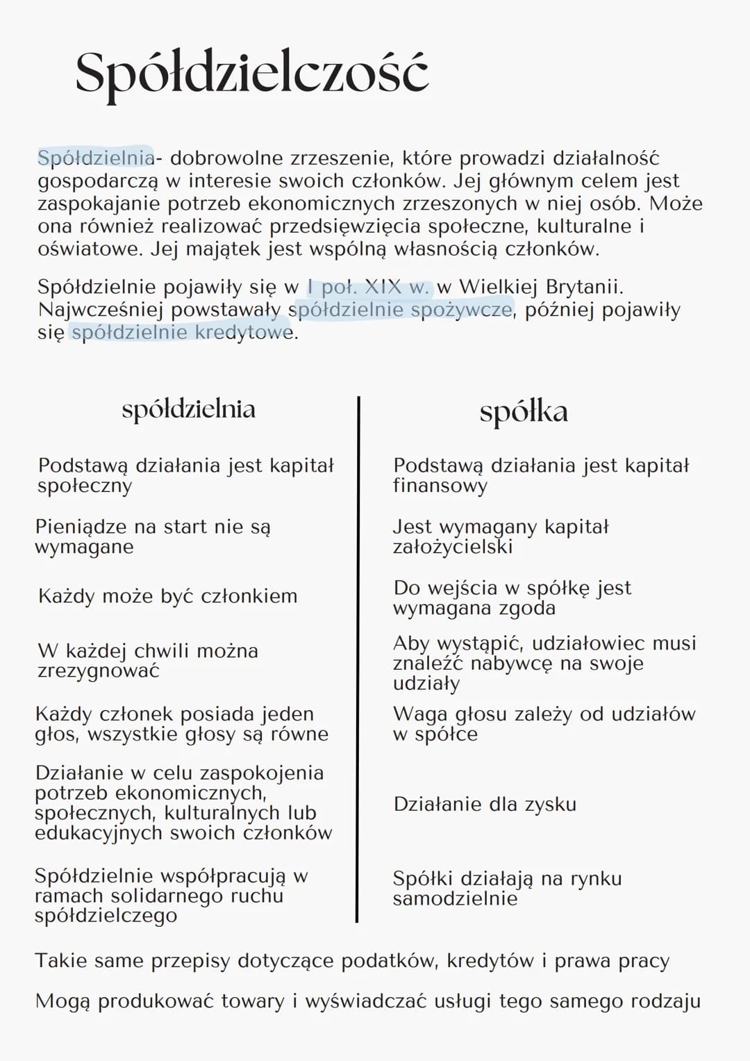 # Spółdzielczość
Spółdzielnia- dobrowolne zrzeszenie, które prowadzi działalność
gospodarczą w interesie swoich członków. Jej głównym celem
