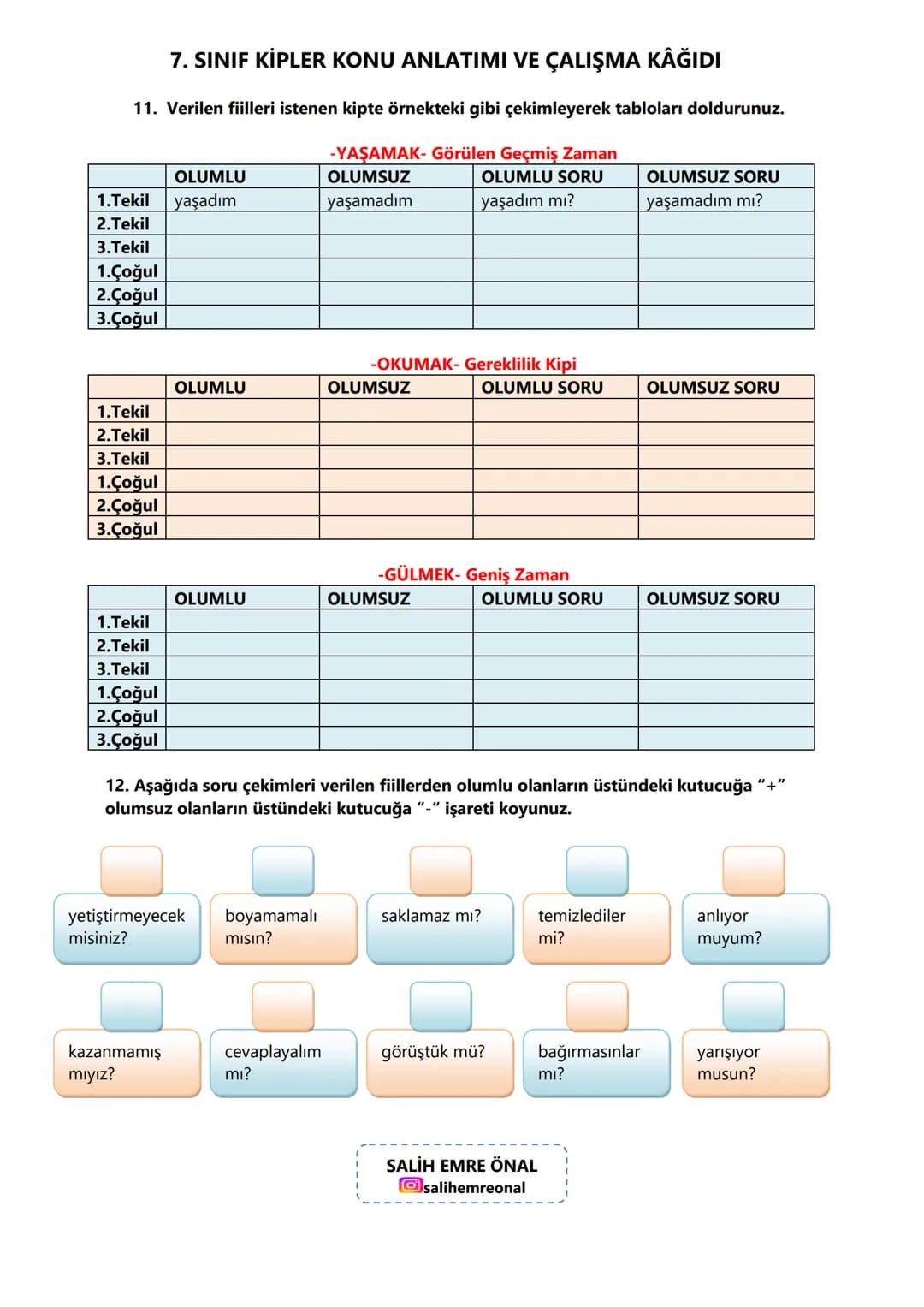 7. SINIF KİPLER KONU ANLATIMI VE ÇALIŞMA KAĞIDI
FİİLİN MASTAR HALİ
Fiilin kök ya da gövde halindeki yani mastar eki (-
mak, -mek) alabilen