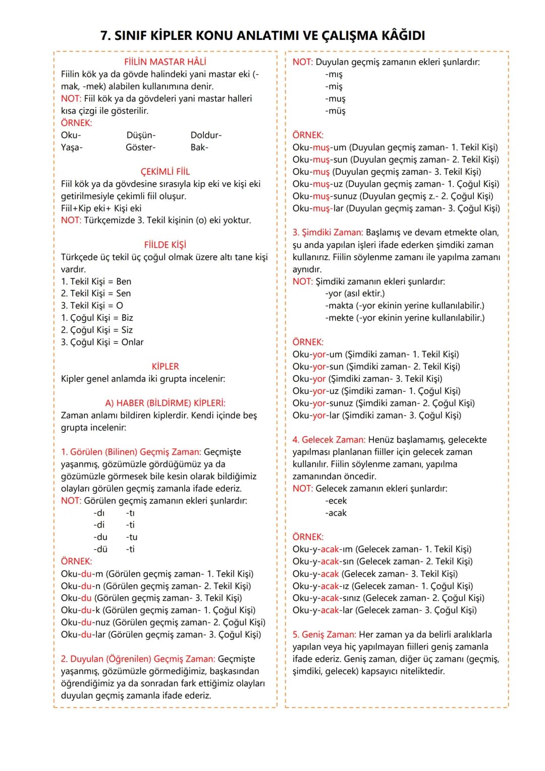 # 7. SINIF KİPLER KONU ANLATIMI VE ÇALIŞMA KAĞIDI
FİİLİN MASTAR HALİ
Fiilin kök ya da gövde halindeki yani mastar eki (-
mak, -mek) alabile