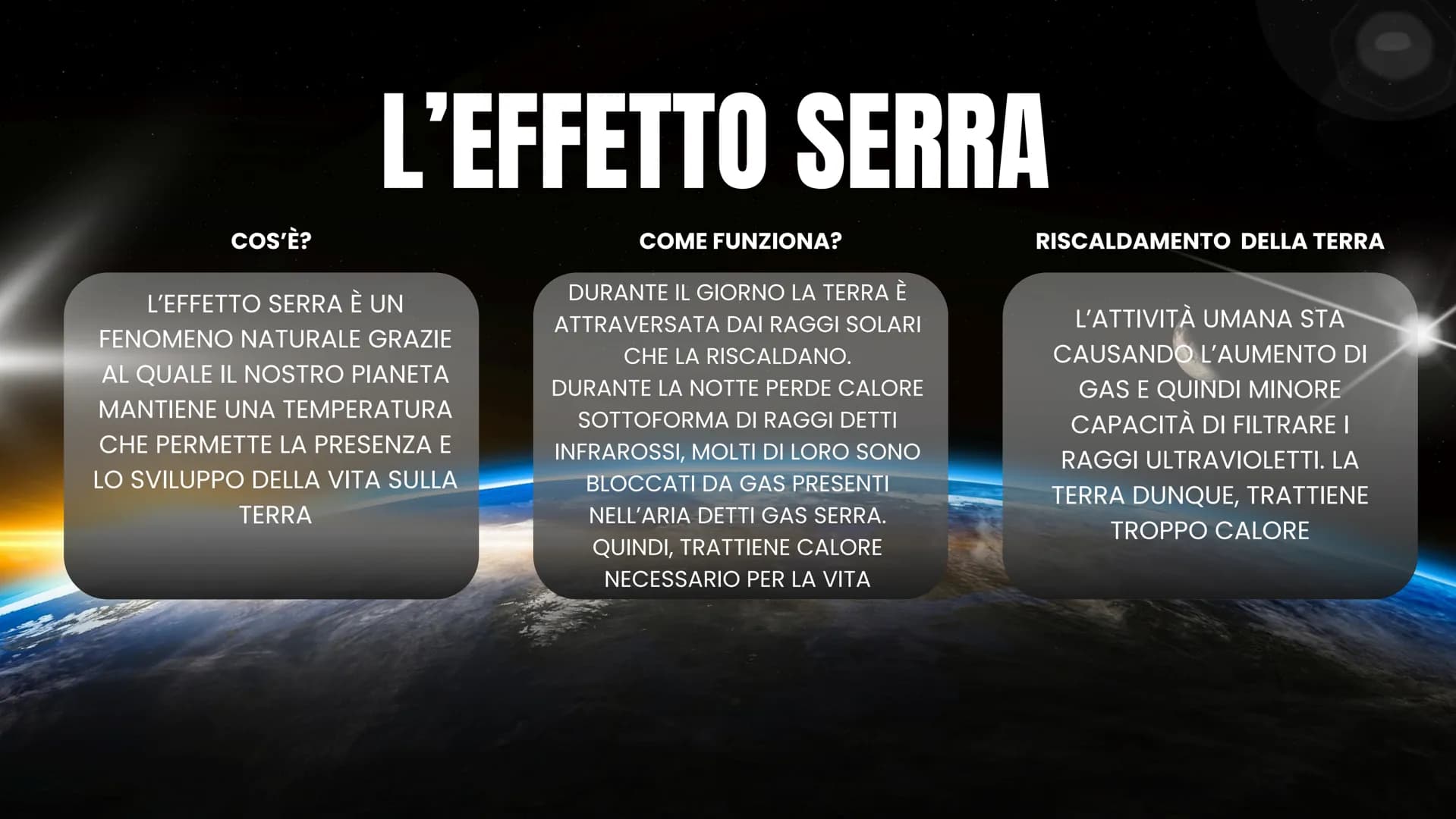 # L'ATMOSFERA # COS'È
# L'ATMOSFERA?
È UN INVOLUCRO AEREIFORME CHE CIRCONDA IL GLOBO,
TRATTENUTA DALLA FORZA DI GRAVITÀ.
SONO RICONOSCIBILI