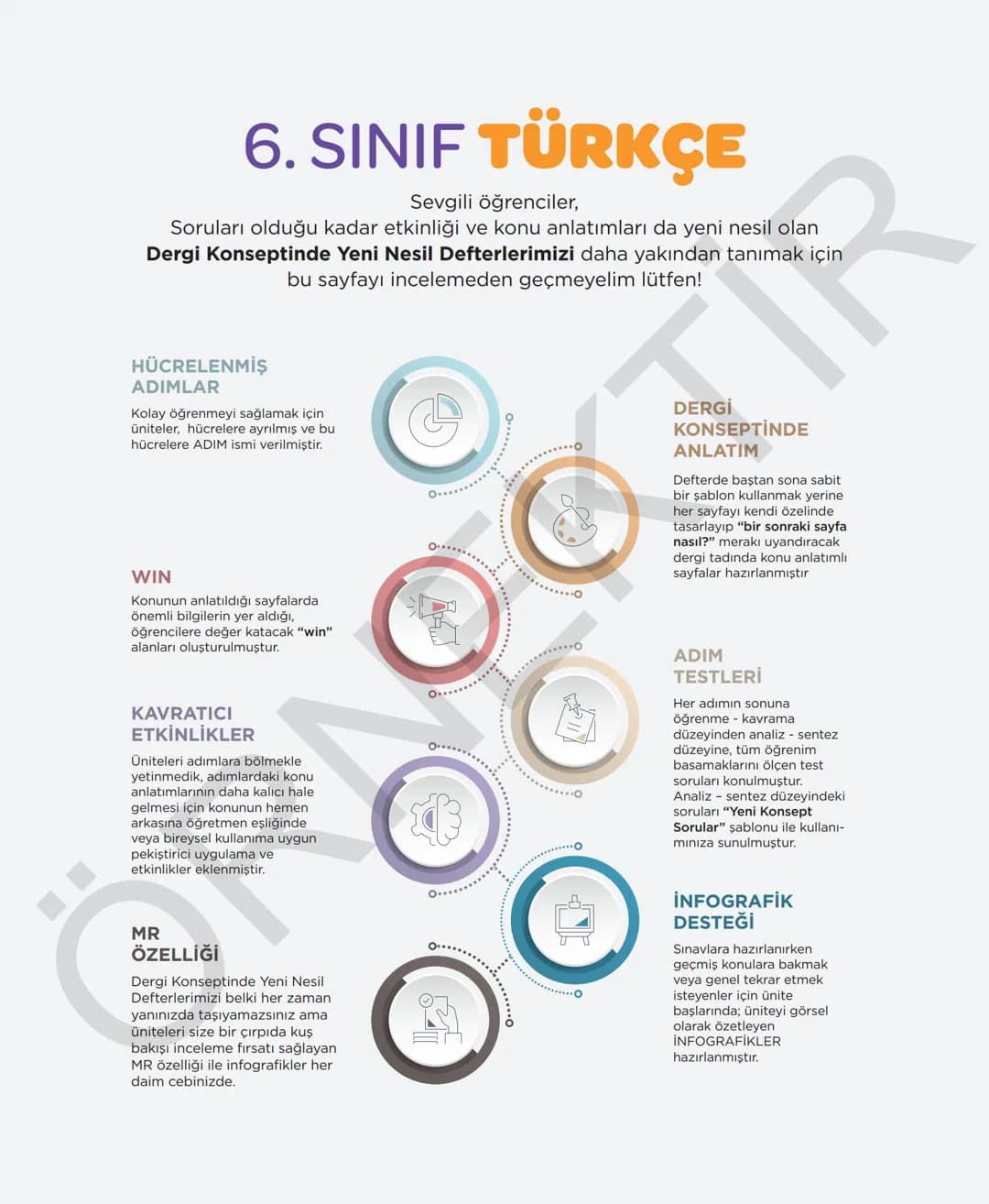 # 6. SINIF TÜRKÇE
Sevgili öğrenciler,
Soruları olduğu kadar etkinliği ve konu anlatımları da yeni nesil olan
Dergi Konseptinde Yeni Nesil D