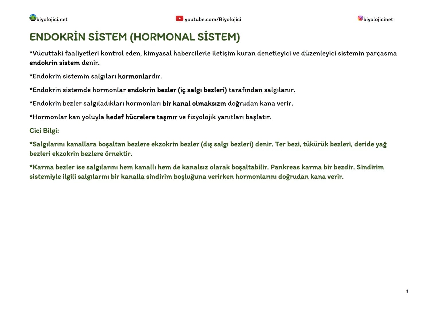 biyolojici.net
youtube.com/Biyolojici
biyolojicinet
# ENDOKRİN SİSTEM (HORMONAL SİSTEM)
*Vücuttaki faaliyetleri kontrol eden, kimyasal haber