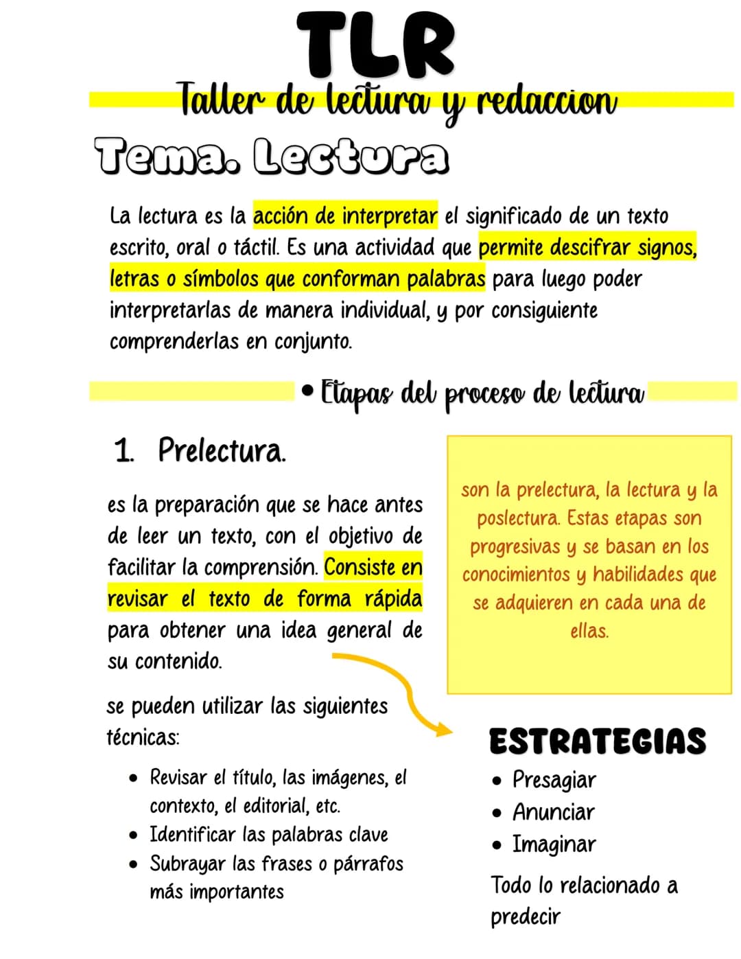 # TLR
Taller de lectura y redaccion
## Tema. Lectura
La lectura es la acción de interpretar el significado de un texto
escrito, oral o tá