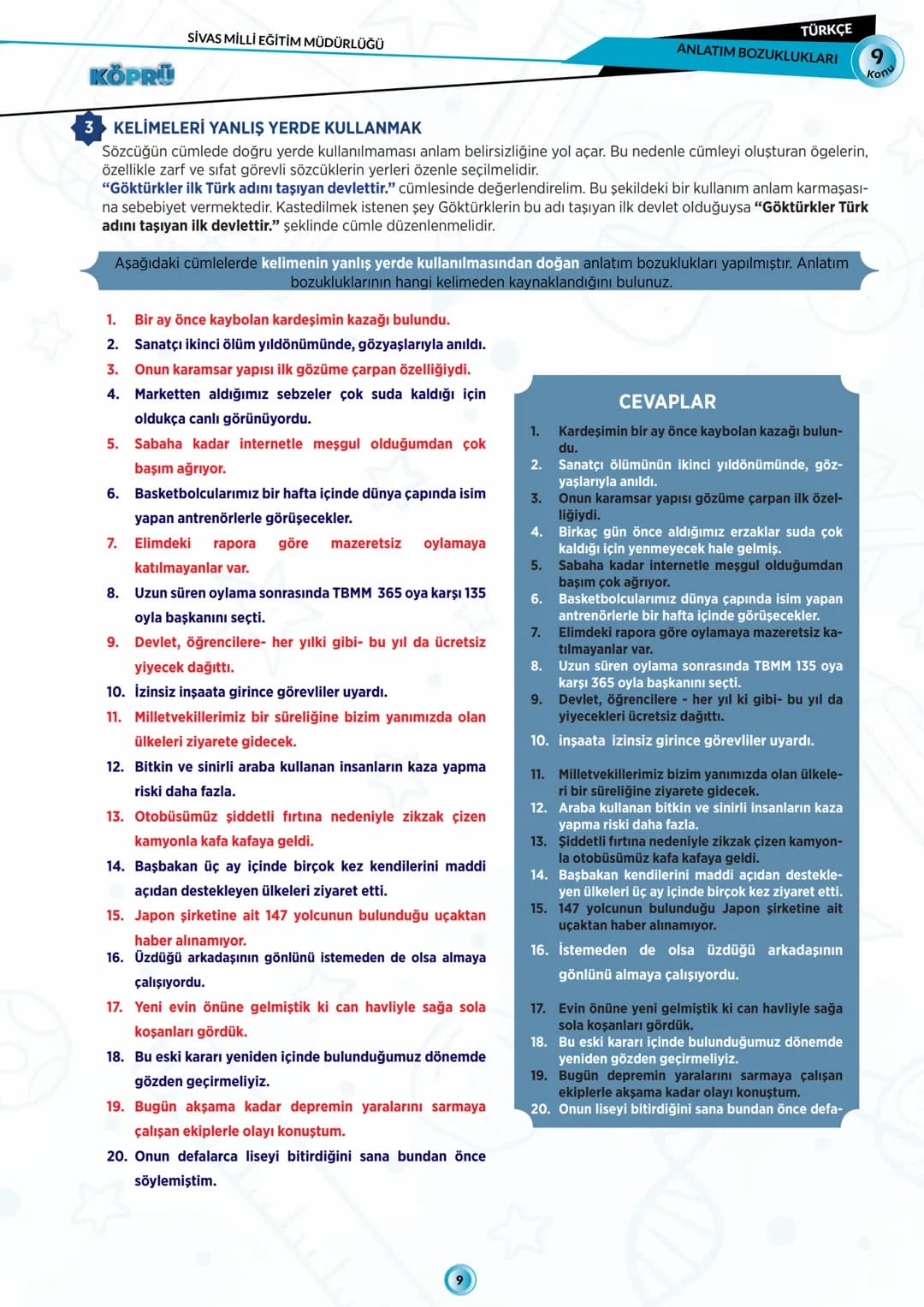 G
SİVAS VALİLİĞİ
KÖPRÜ
Kurslarda Öğretimin Planlanması ve Rehberlikte Üstünleşme
TÜRKÇE
FASİKÜL-9
ANLATIM BOZUKLUĞU
Köprü Projesi Youtube Ka