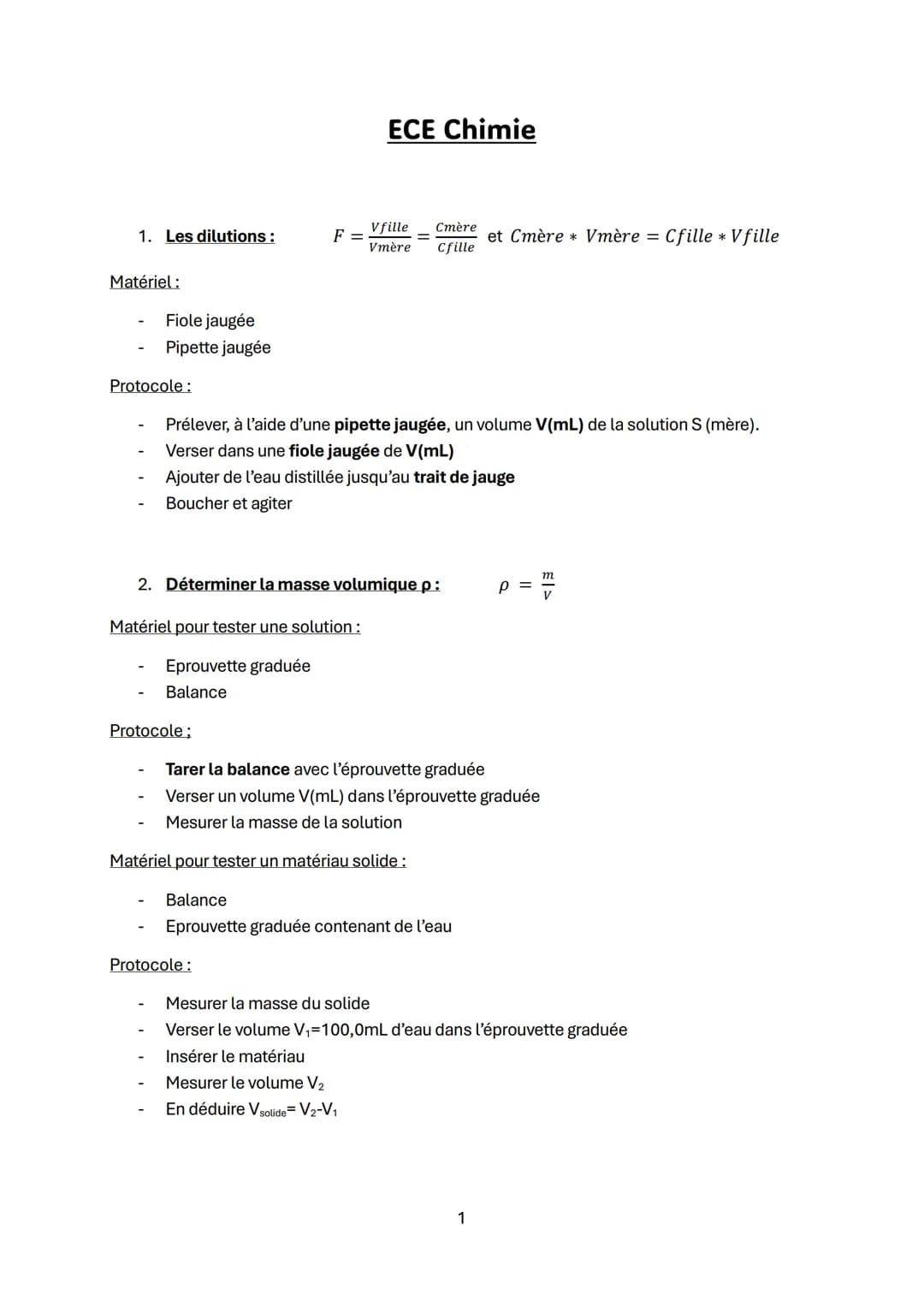 # ECE Chimie
1. Les dilutions: $F = \frac{Vfille}{Vmère} = \frac{Cmère}{Cfille}$ et $Cmère * Vmère = Cfille * V fille$
Matériel:
- Fiole j