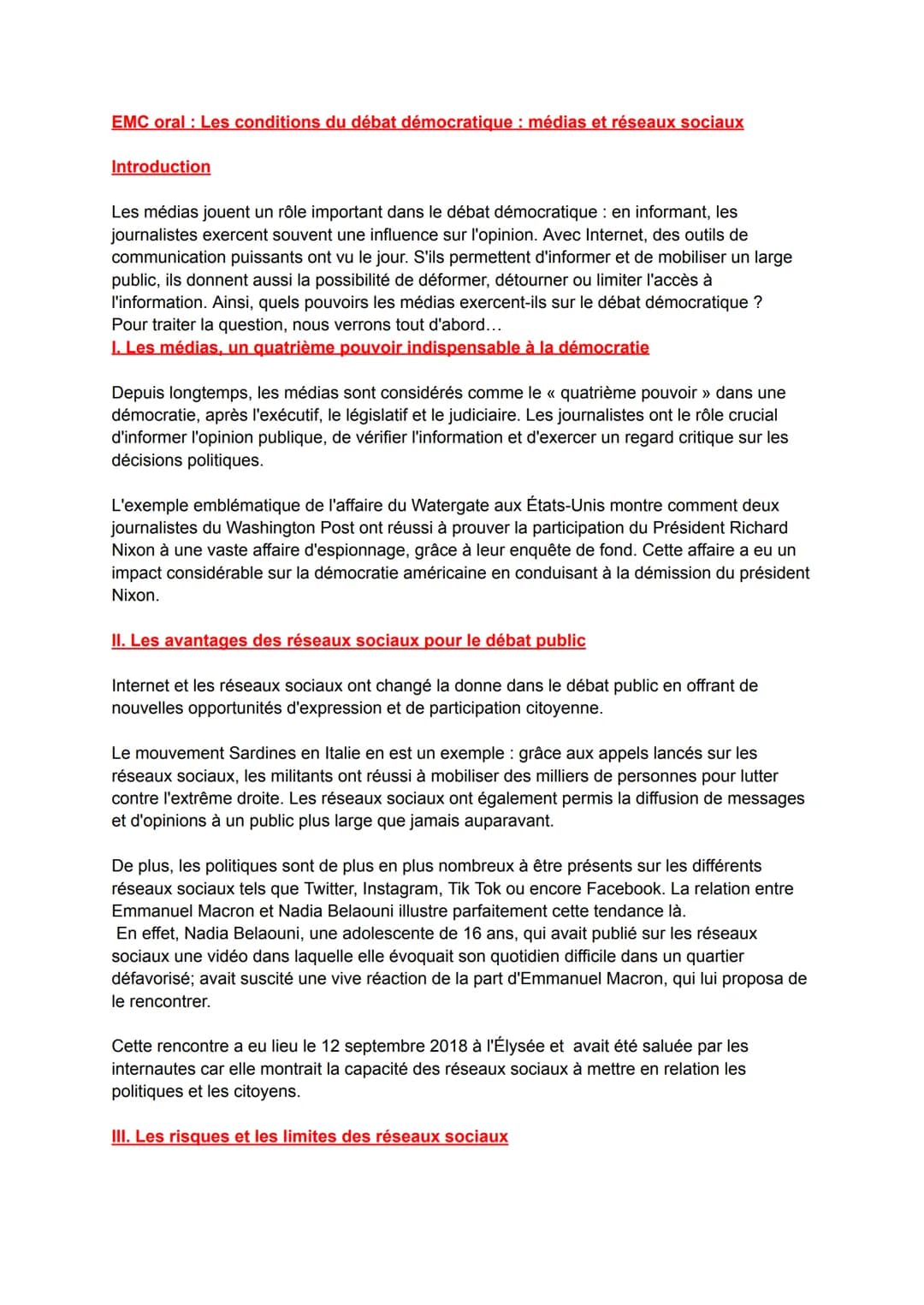 # EMC oral: Les conditions du débat démocratique: médias et réseaux sociaux
Introduction
Les médias jouent un rôle important dans le débat