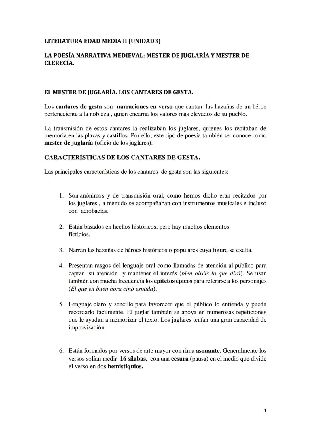 LITERATURA EDAD MEDIA II (UNIDAD3)
LA POESÍA NARRATIVA MEDIEVAL: MESTER DE JUGLARÍA Y MESTER DE
CLERECÍA.
EI MESTER DE JUGLARÍA. LOS CANTA